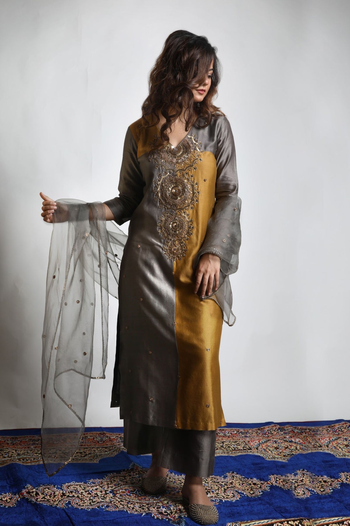 Burnt Gold &amp; Grey Embroidered Kurta Set