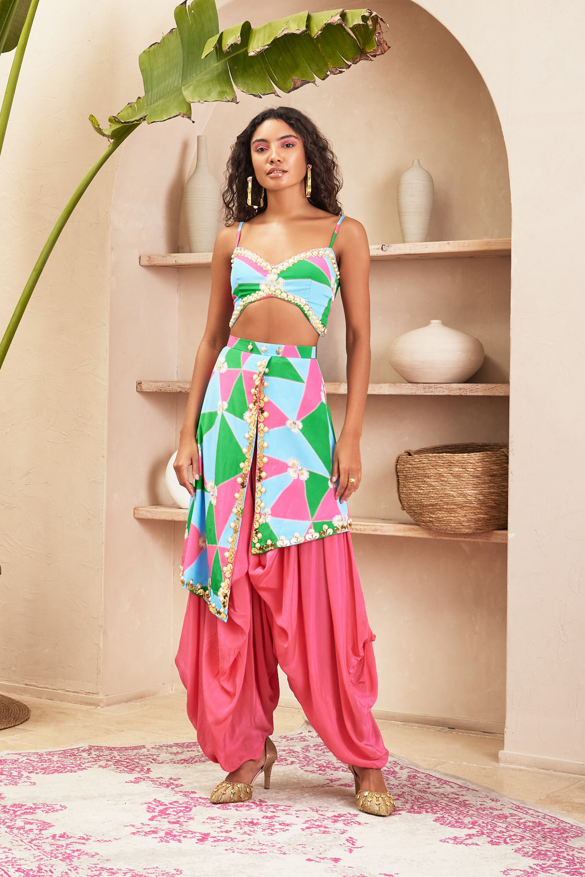 Pink Dhoti Pants With Multi Colour Top