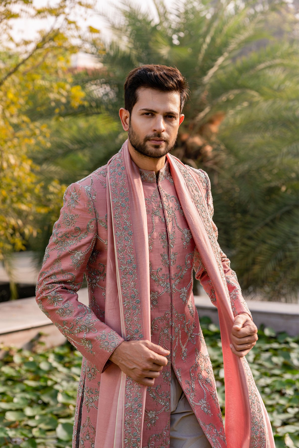 Peach Embroidered Sherwani Set