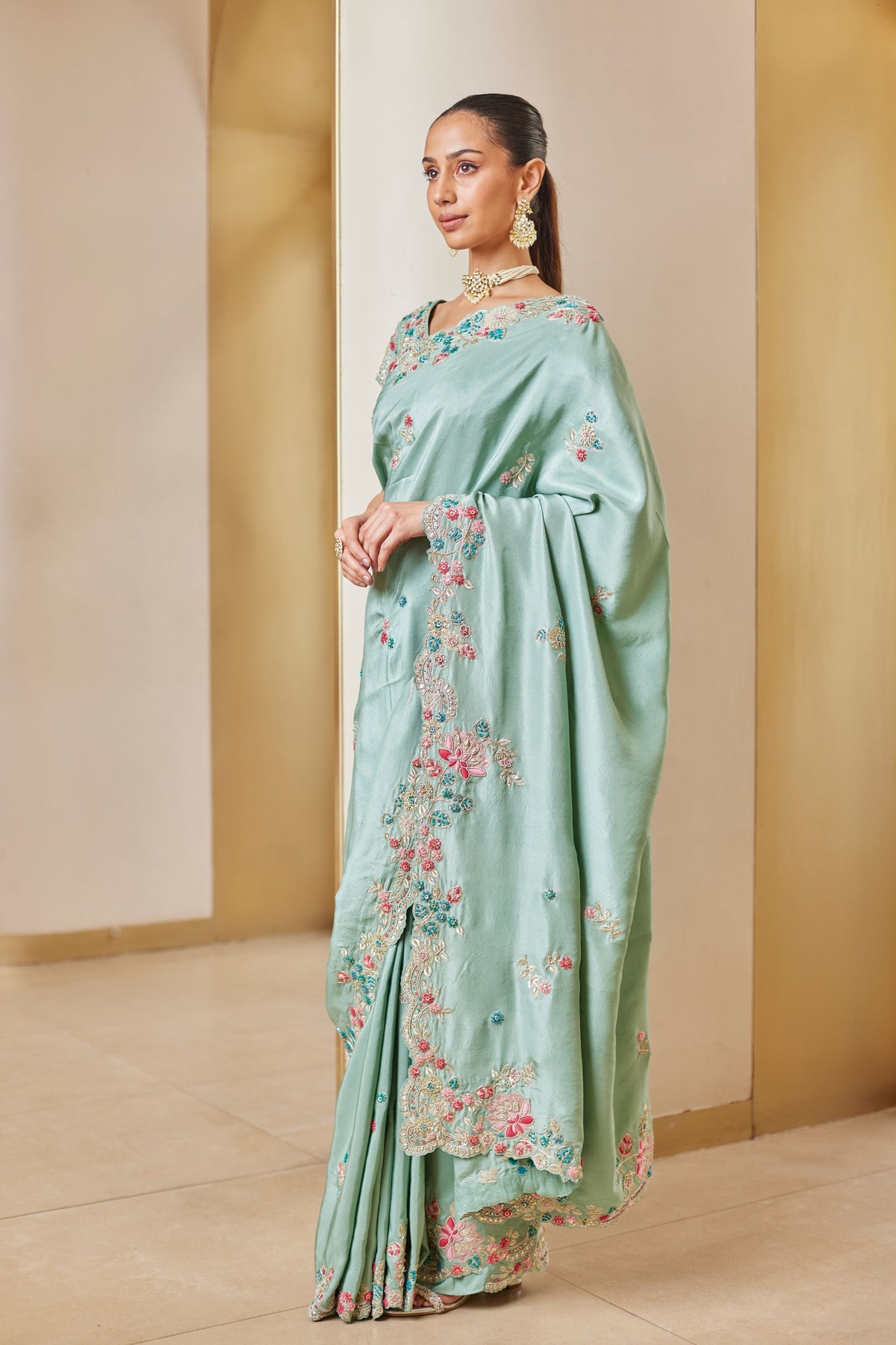 Cadet Blue Embroidered Saree