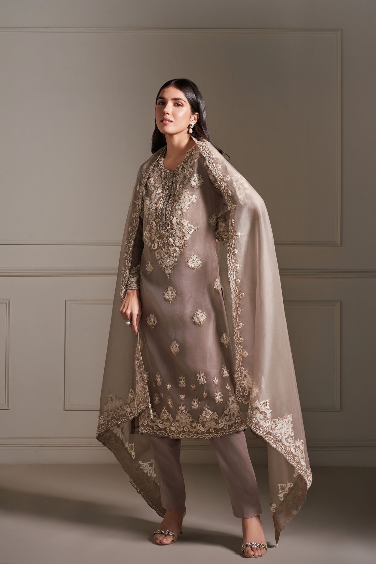 Taupe Hand Embellished Kurta Set