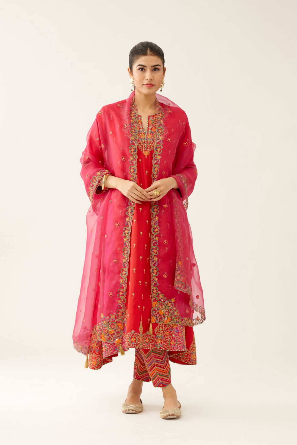 Red &amp; Fuchsia Silk Kalidar Kurta Set