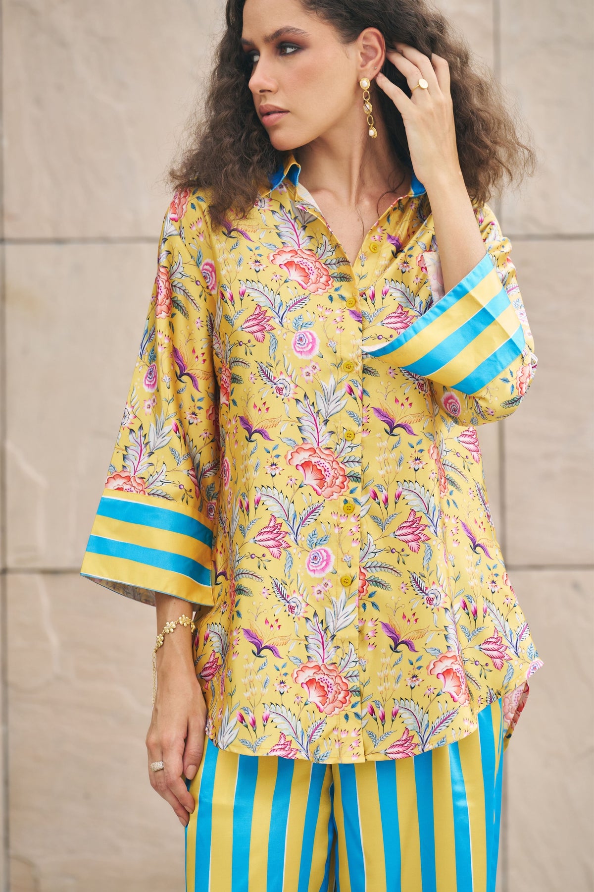 Yellow Floral Shirt With Stripe Pants