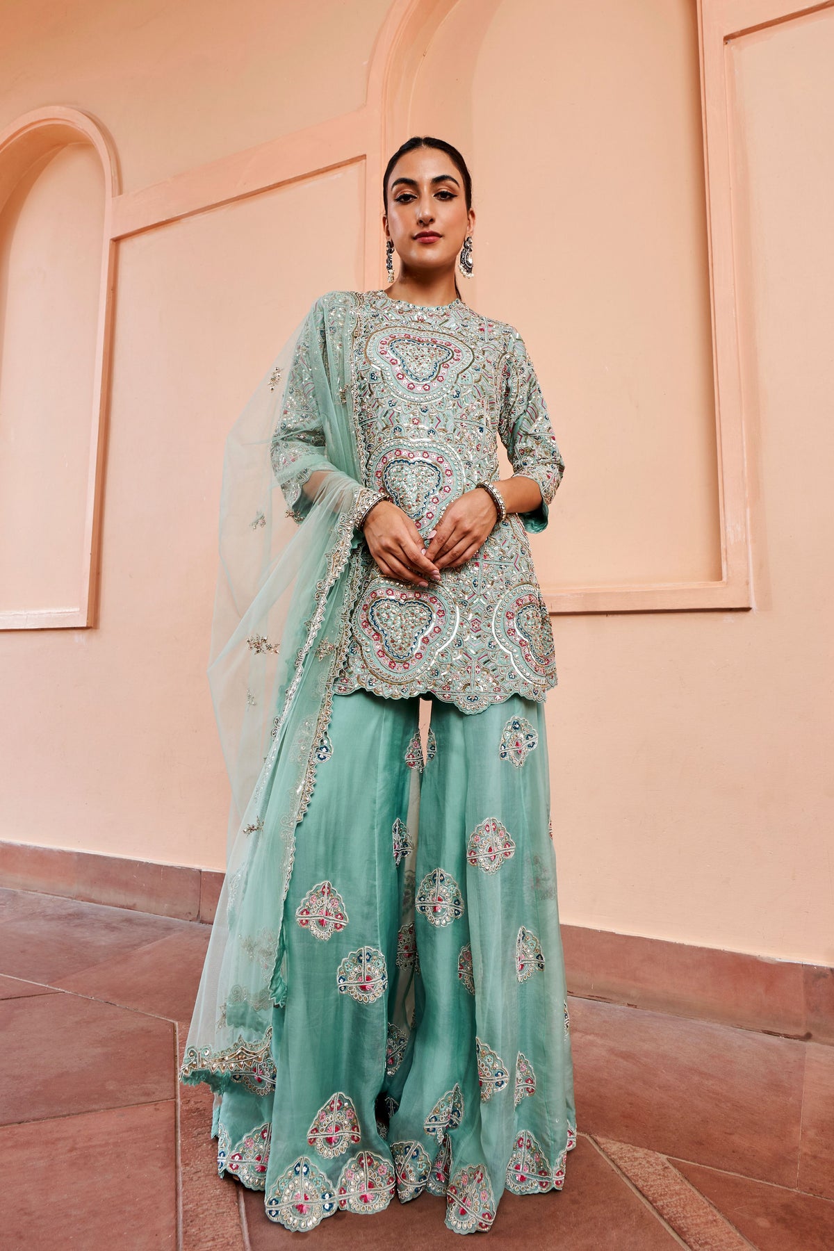 Cadet Blue Embroided Sharara Set