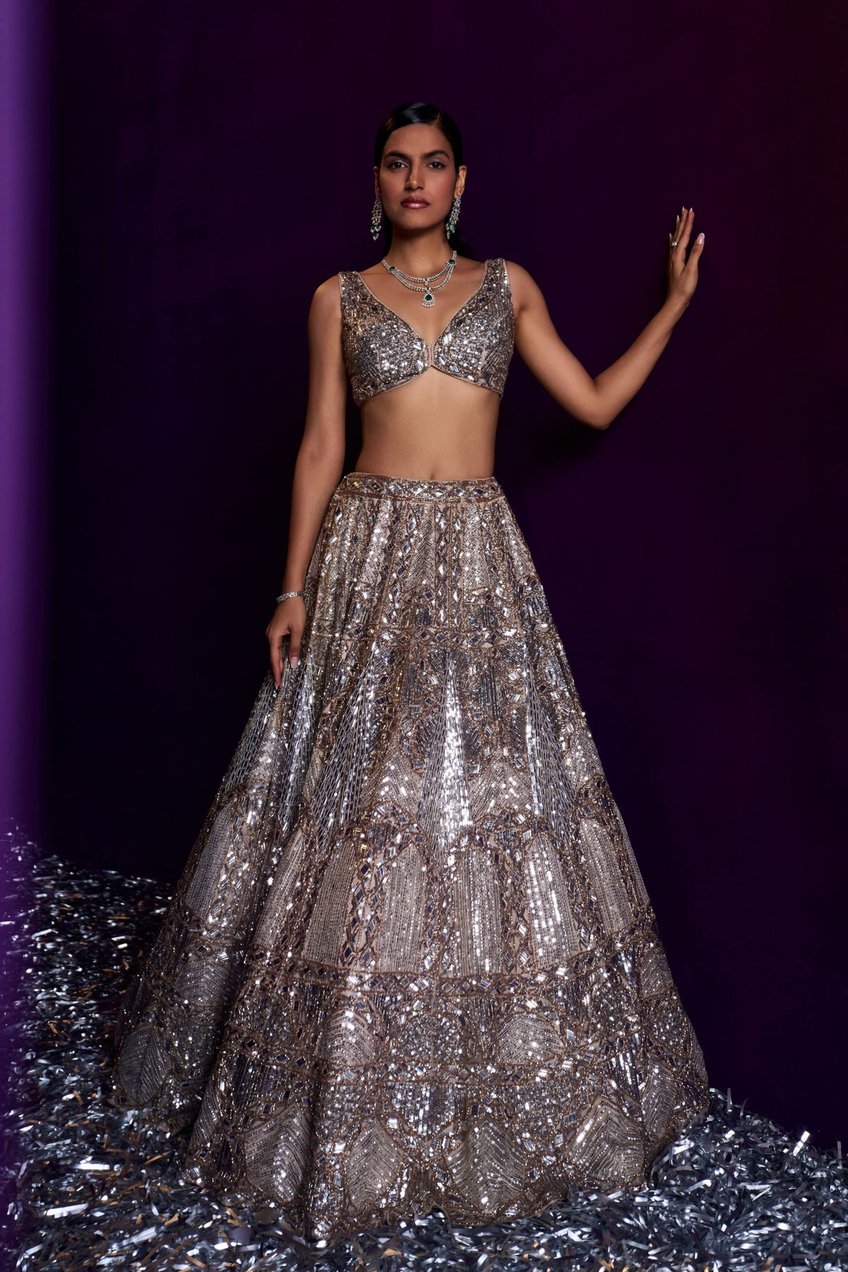 Champagne Organza Embroired Lehenga Set