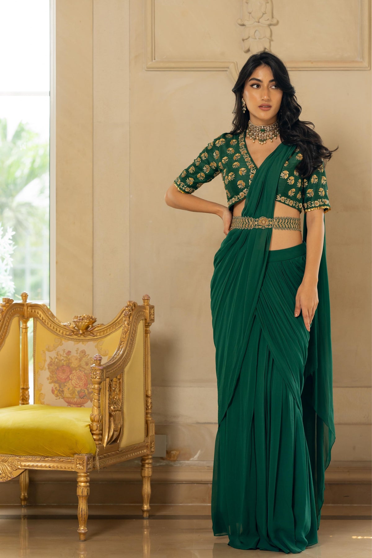 Emerald Green Antique Tone Saree Set