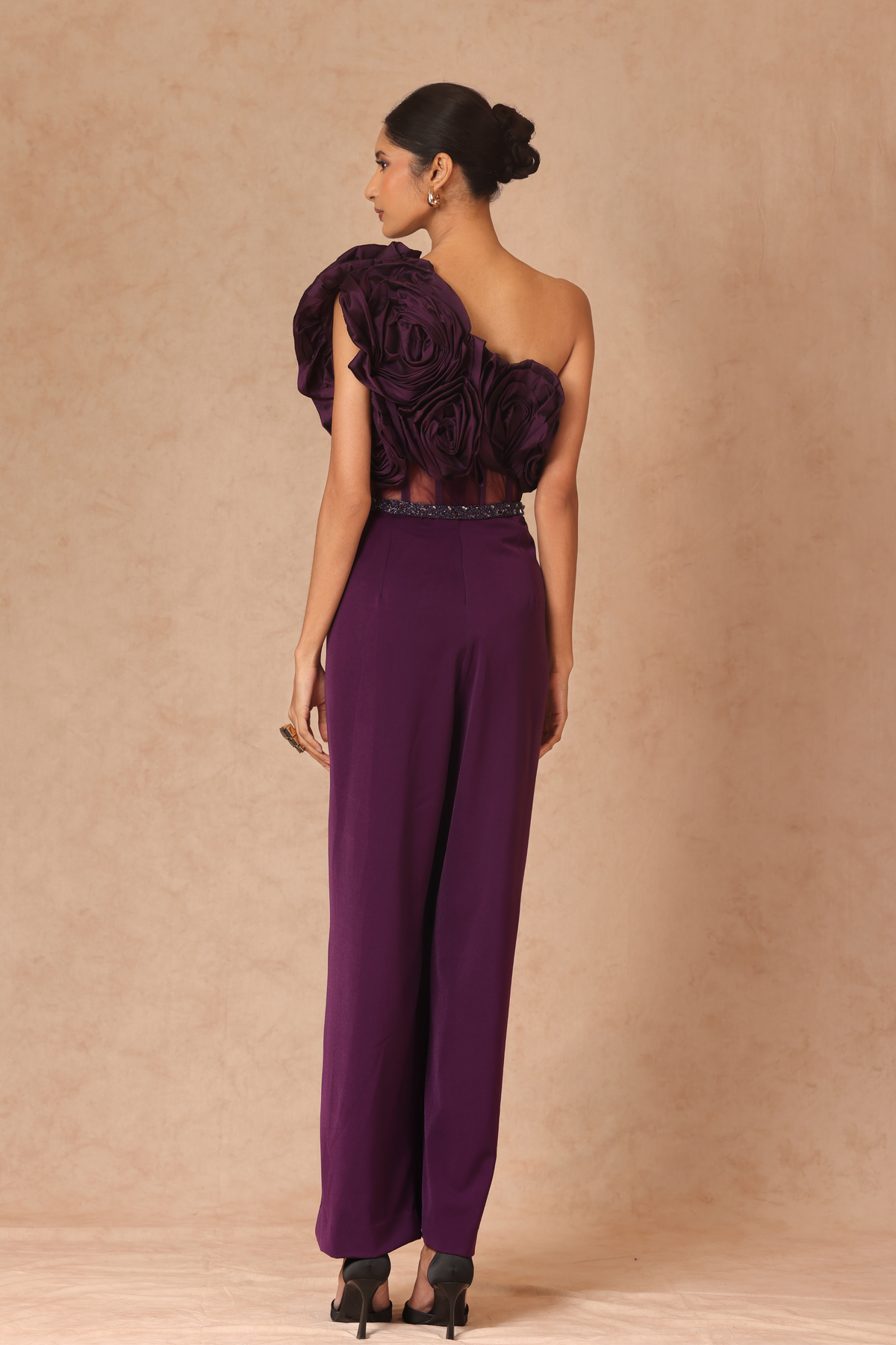 Purple Taffeta Draped Jumpsuit With Belt