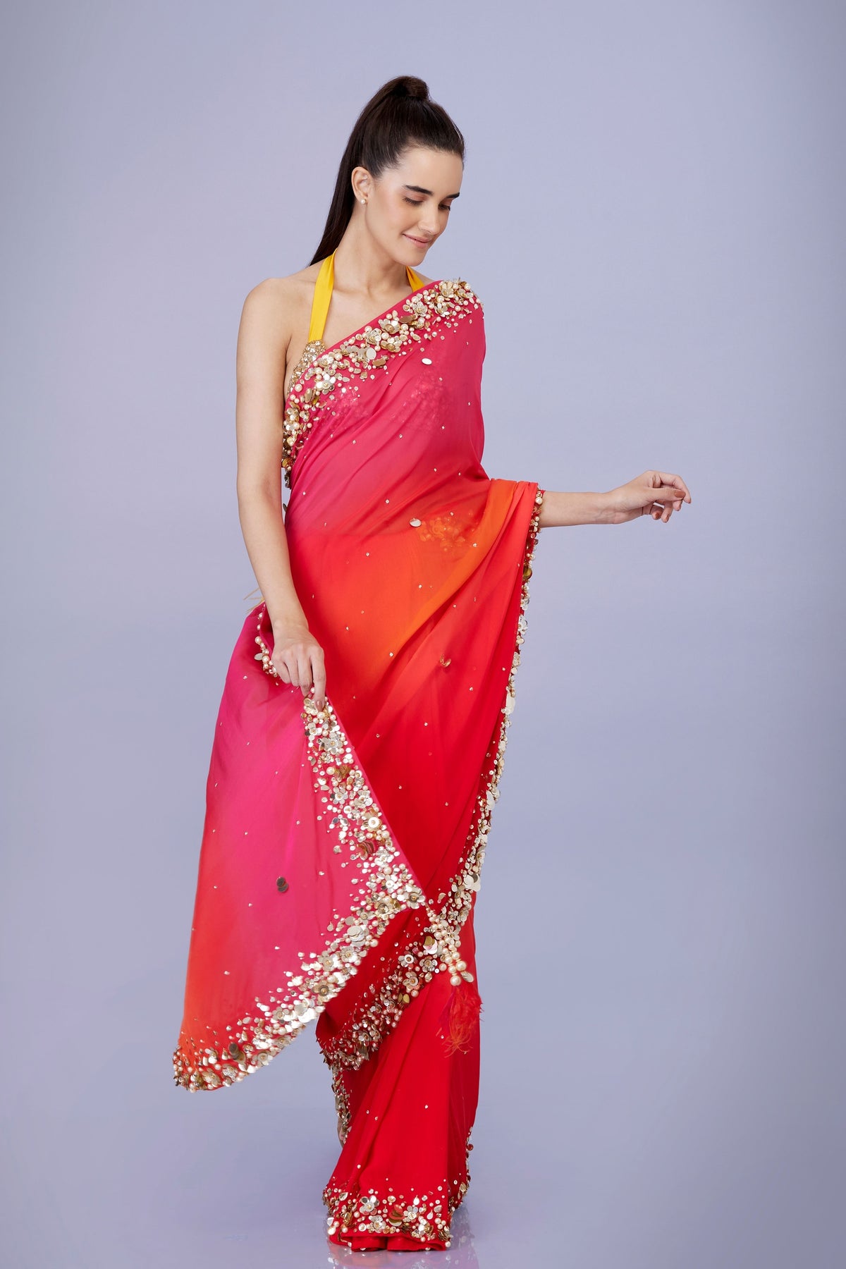 Pink Orange Saree With Petticoat