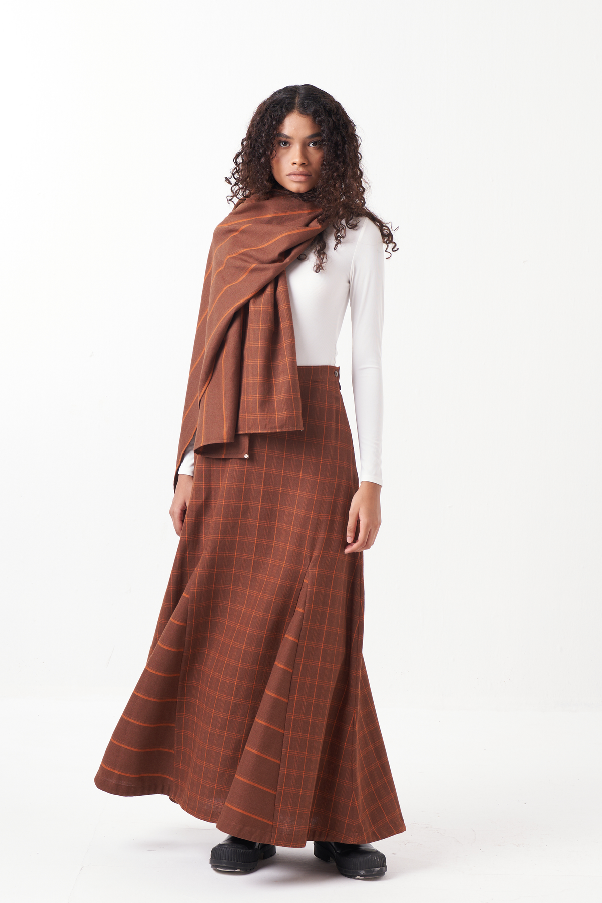 Circular Chocolate Brown Skirt With Scarf