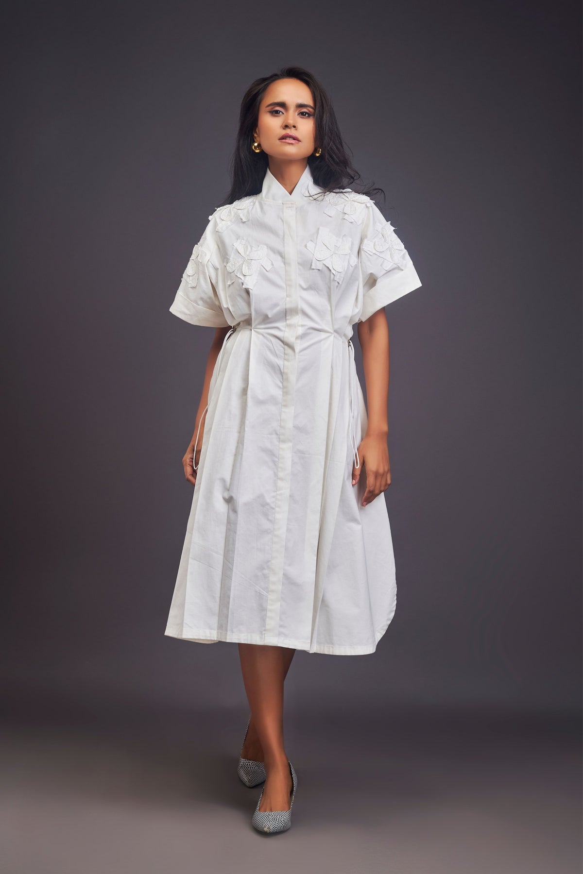 White Pleated Shirt Dress