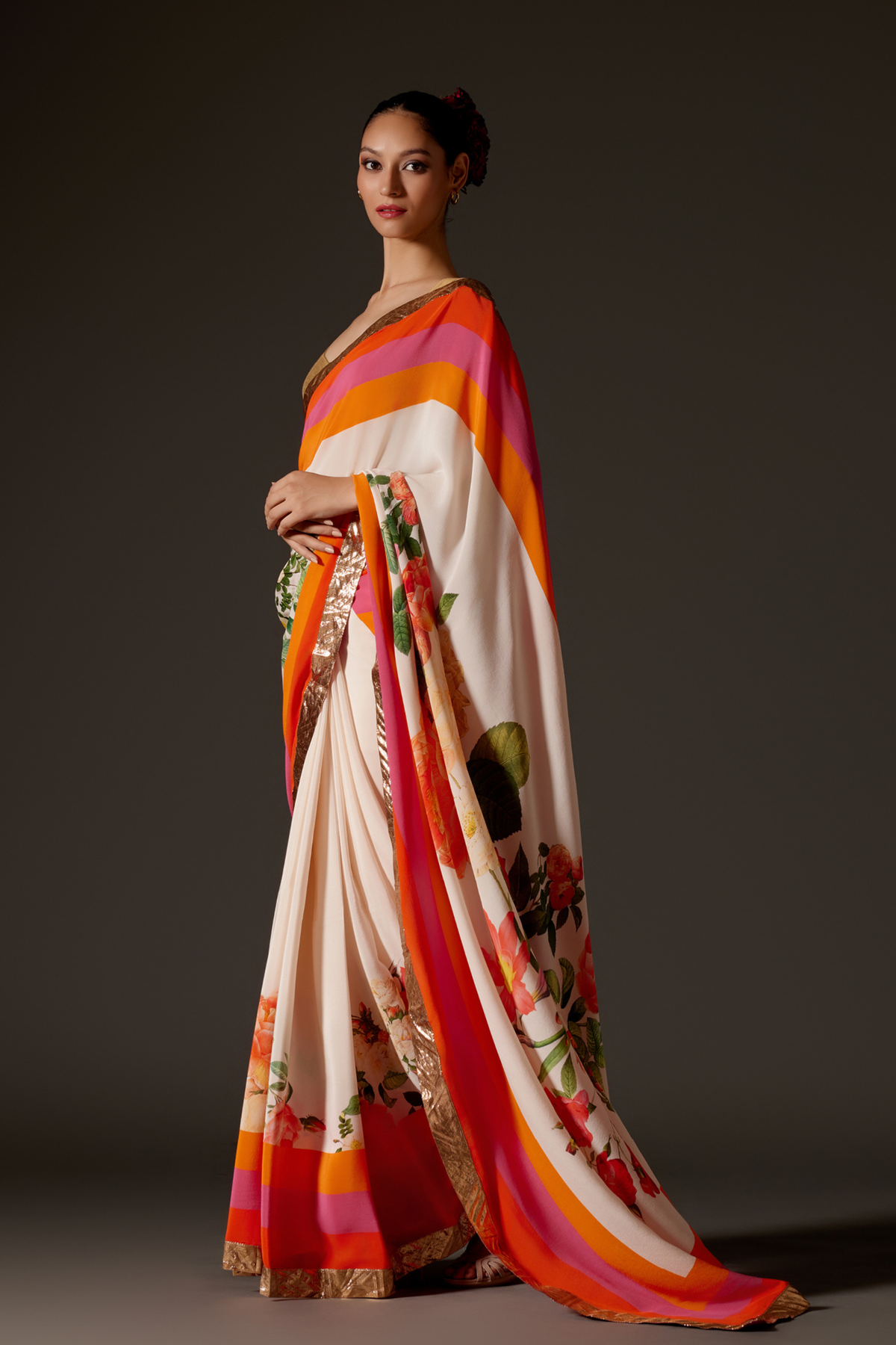 Digital Print Ivory Crepe Saree