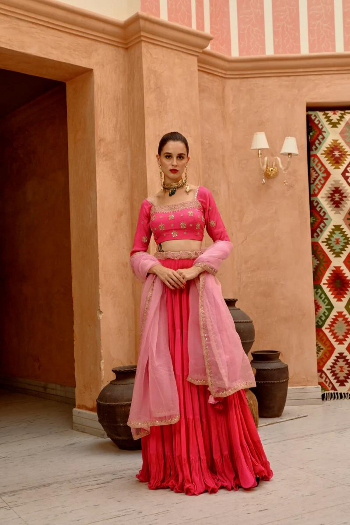 Hot Pink Tier Lehenga Set