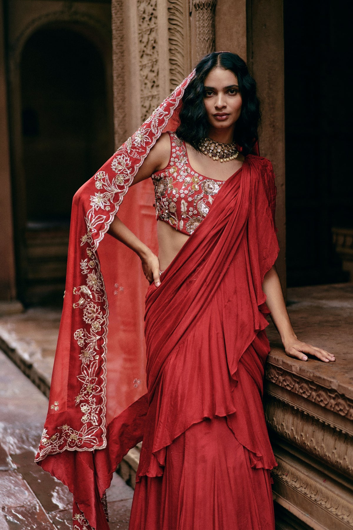 Crimson Red Chiffon Saree Set