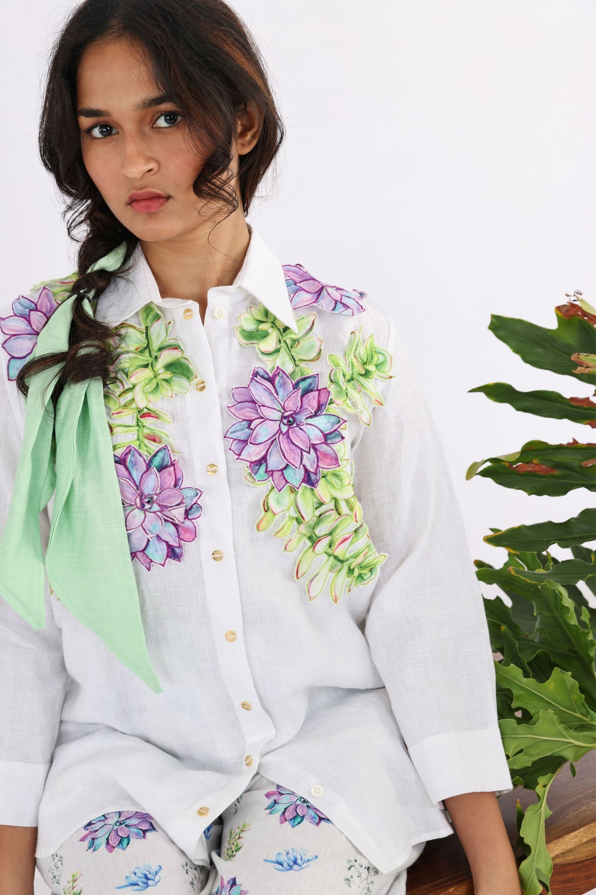 White &amp; Mauve Flora Embroidered Shirt