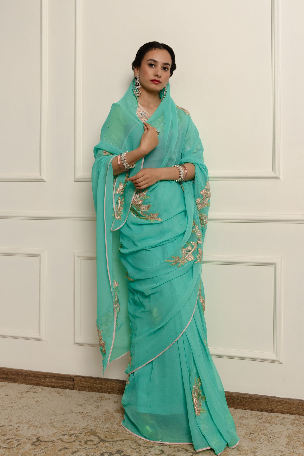 Azuria Teal Chiffon Saree