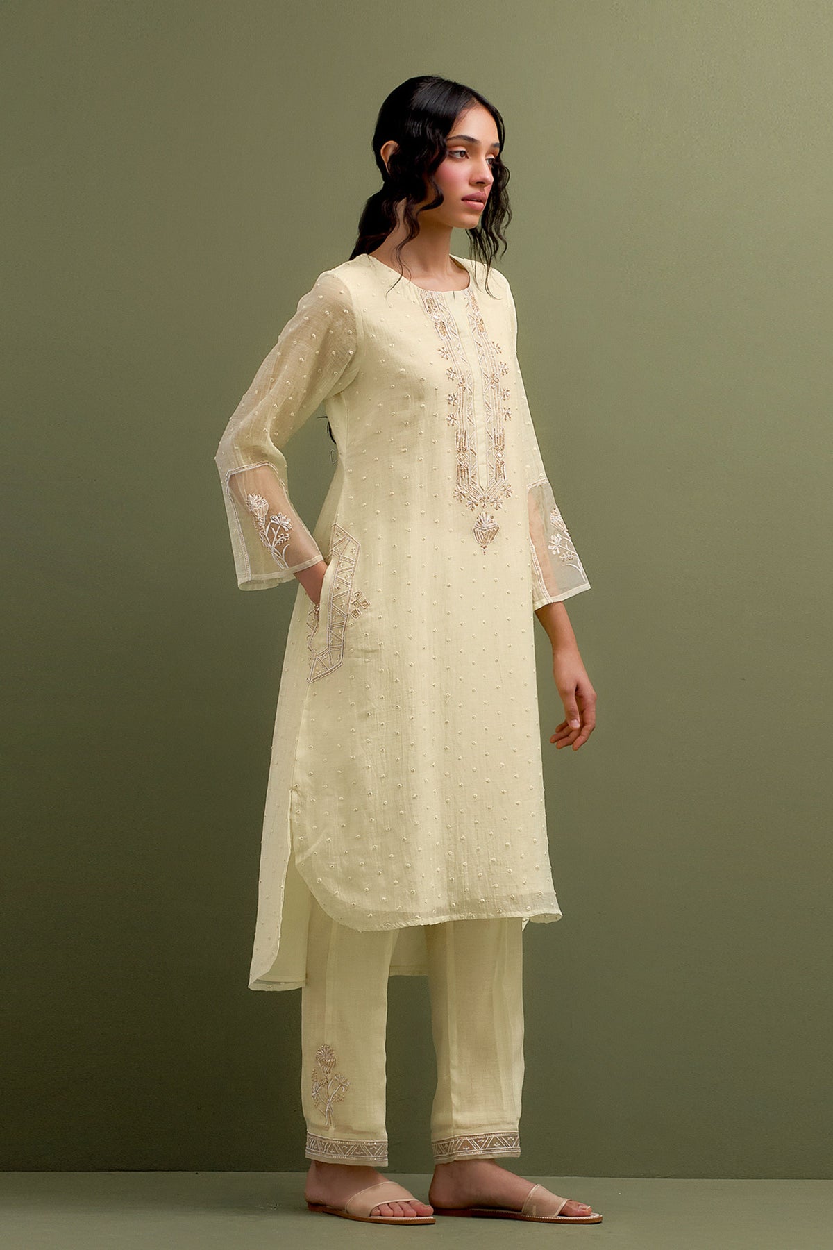 Yellow Embroidered High Low Kurta Set