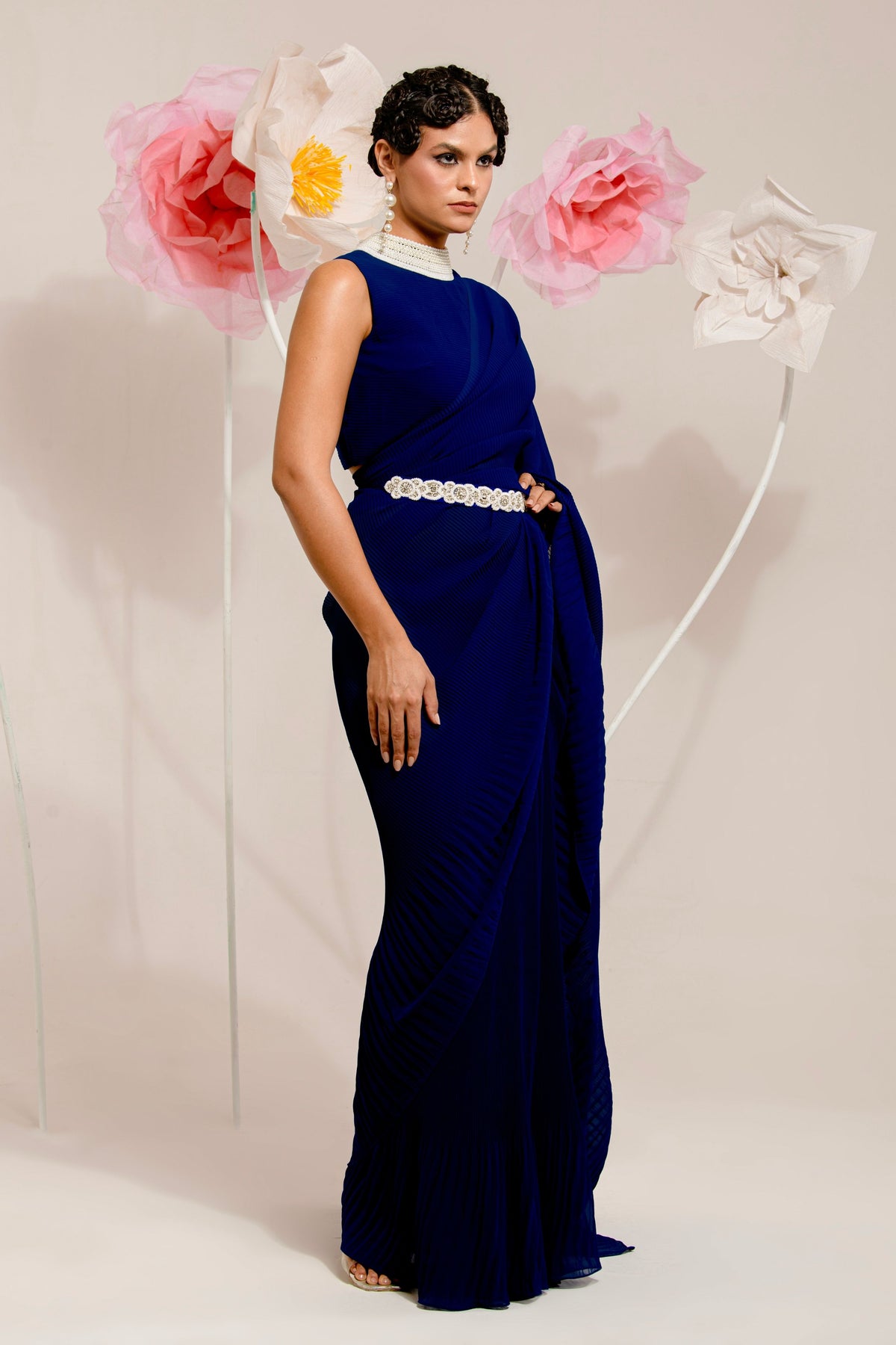 Pre-draped Navy Blue Saree