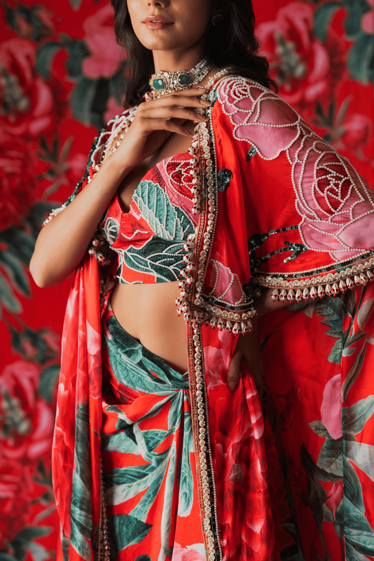 Red Cape with Drape Skirt