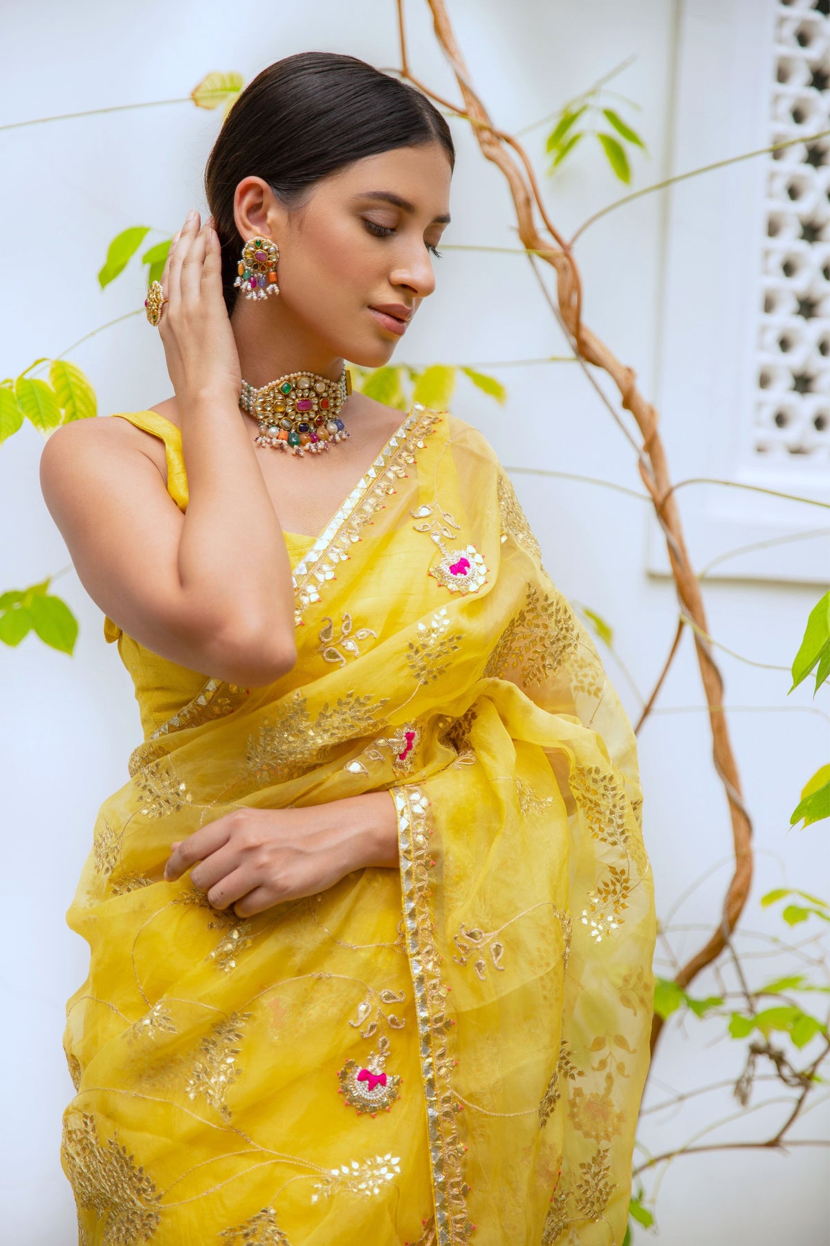 Yellow Gota Patti Jaal Saree Set