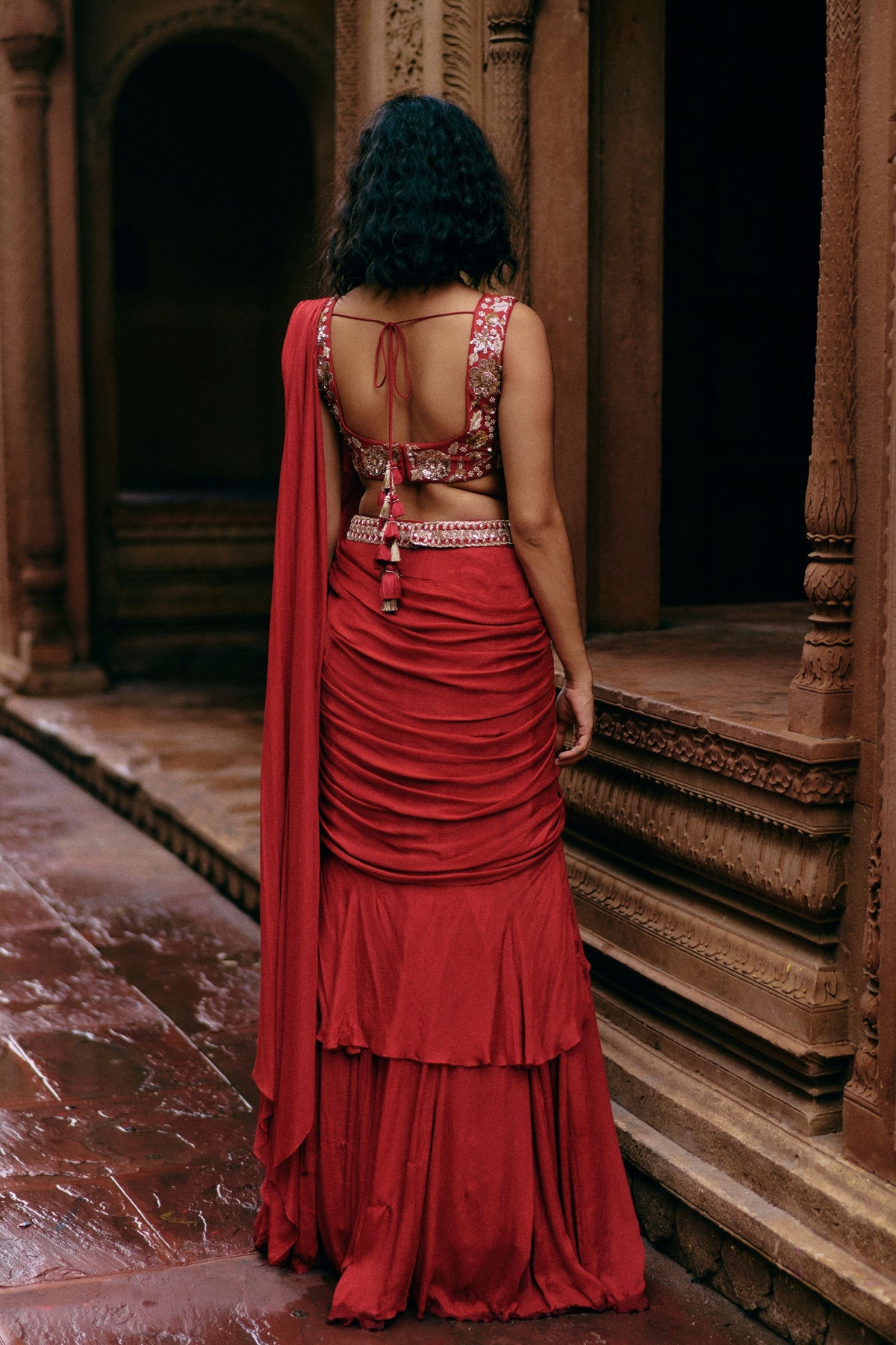 Crimson Red Chiffon Saree Set