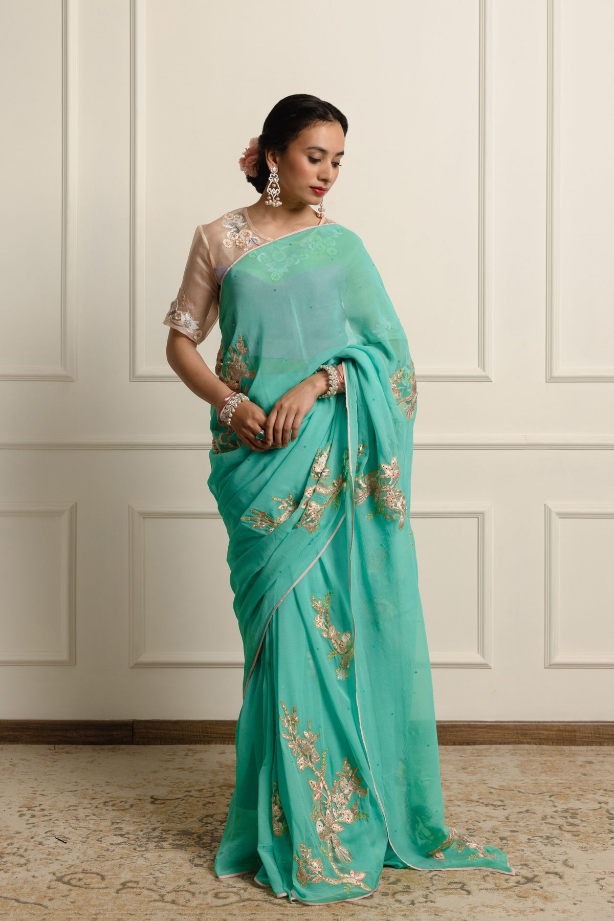 Azuria Teal Chiffon Saree