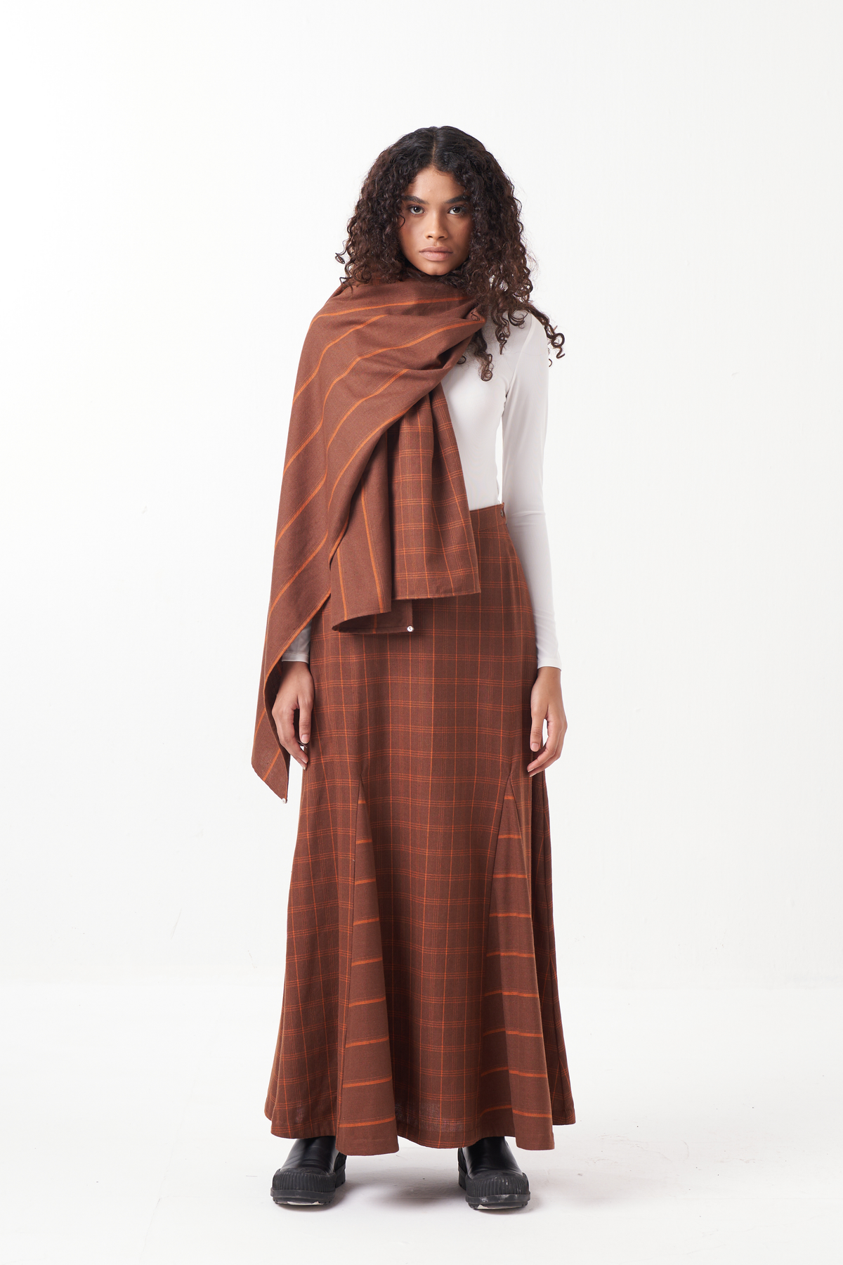 Circular Chocolate Brown Skirt With Scarf