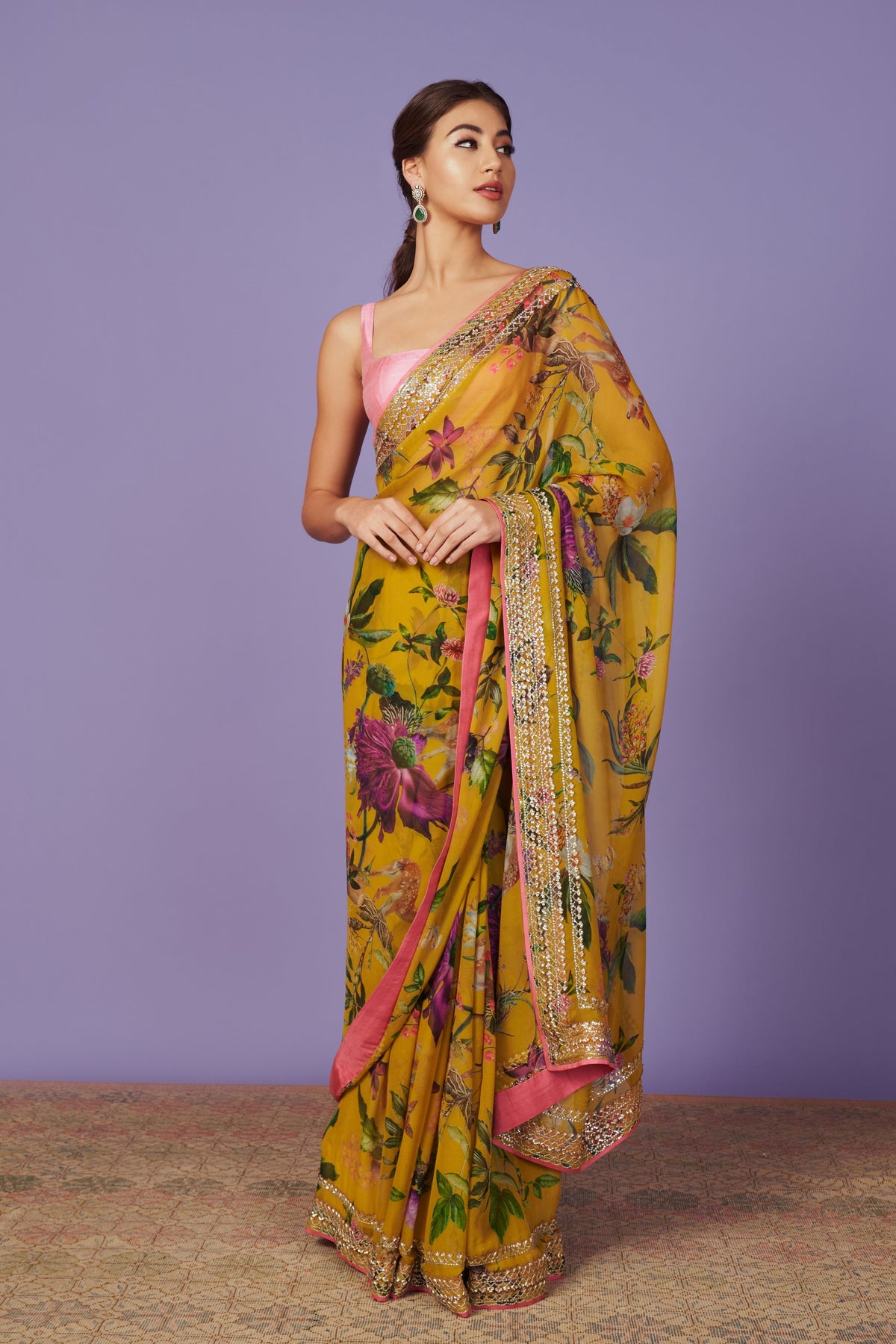 Sequins Border Mustard Saree Set