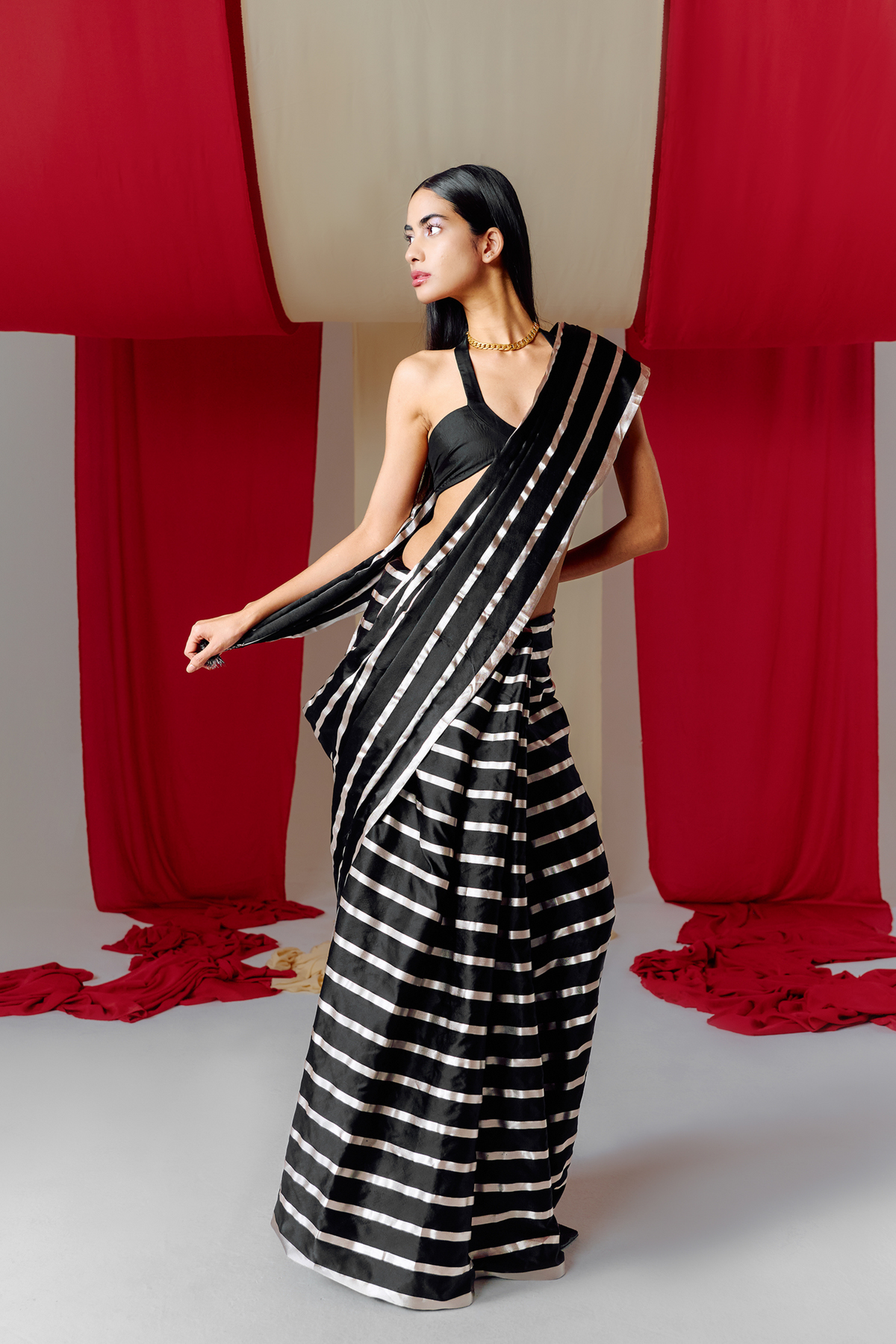 Handwoven Black Striped Silk Saree