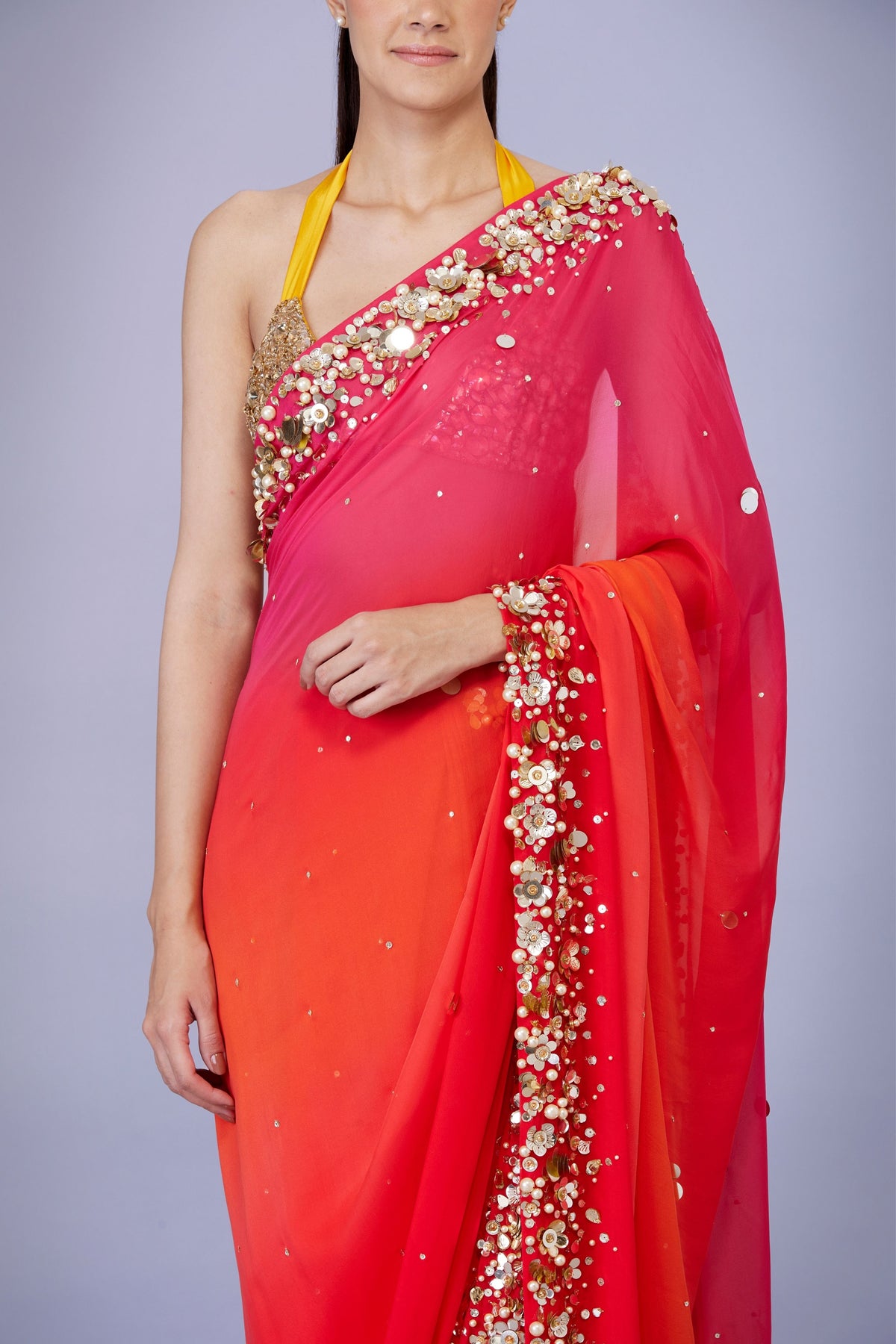 Pink Orange Saree With Petticoat