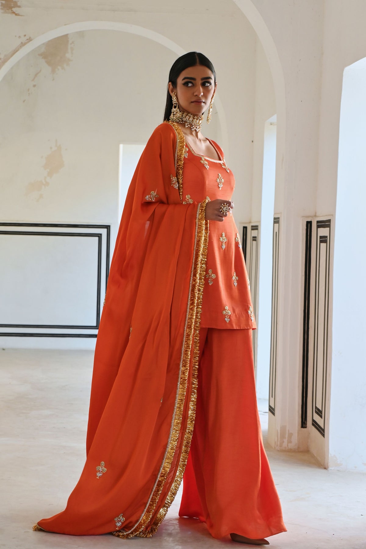 Orange Embroidered Kurta Set