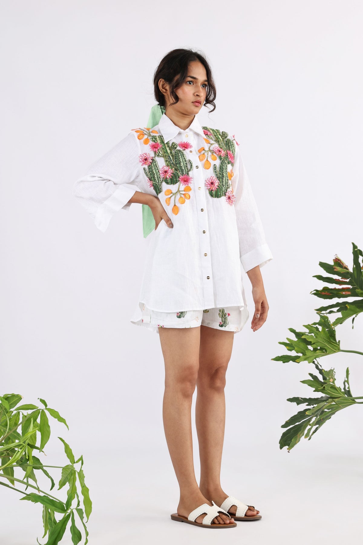 White &amp; Green Flora Embroidered Shirt