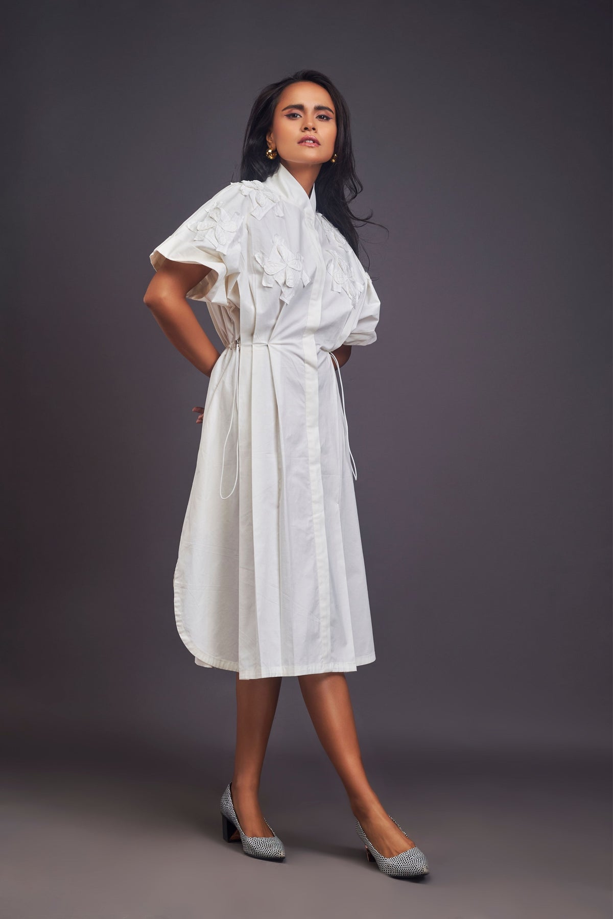 White Pleated Shirt Dress