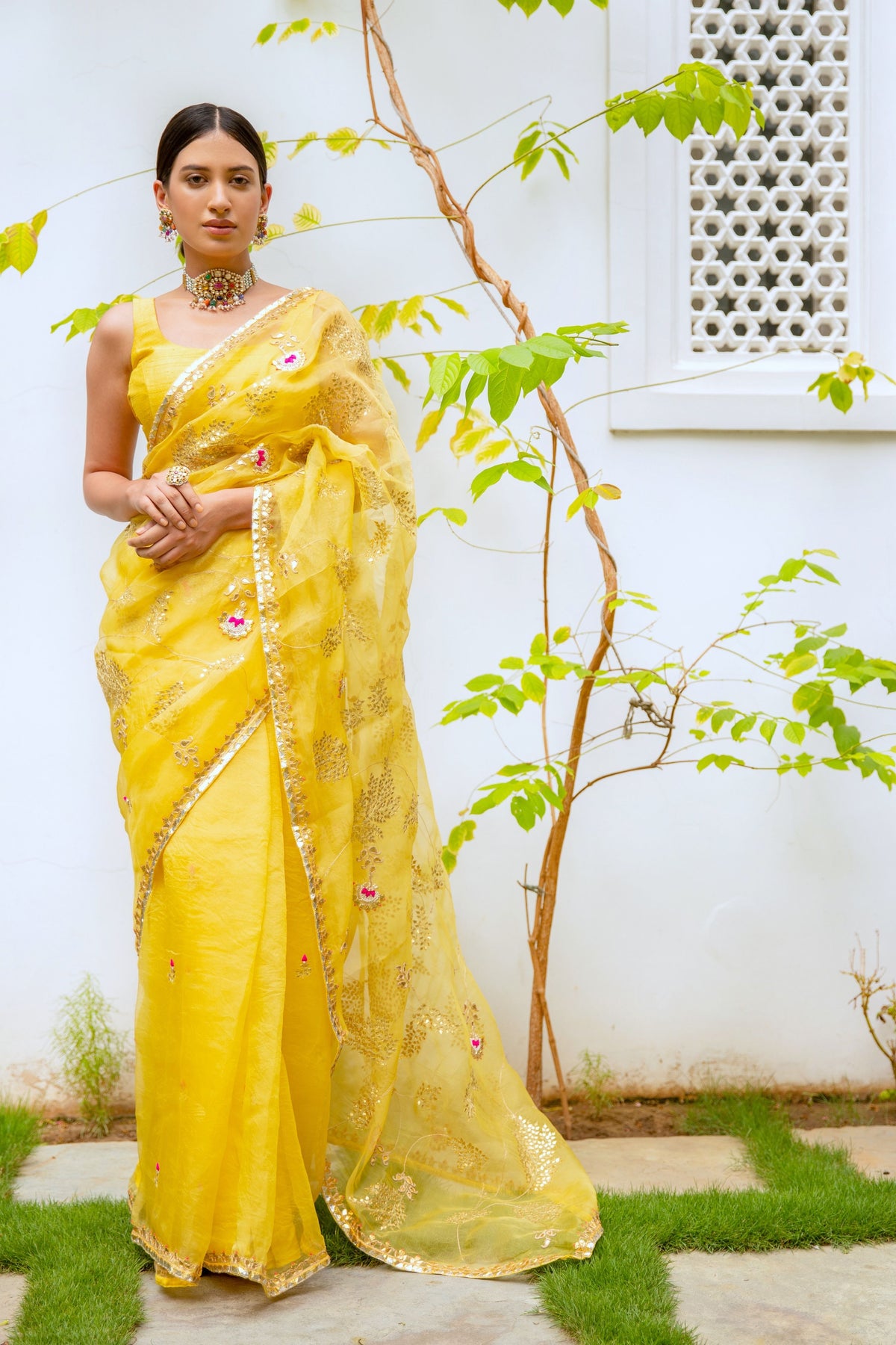 Yellow Gota Patti Jaal Saree Set