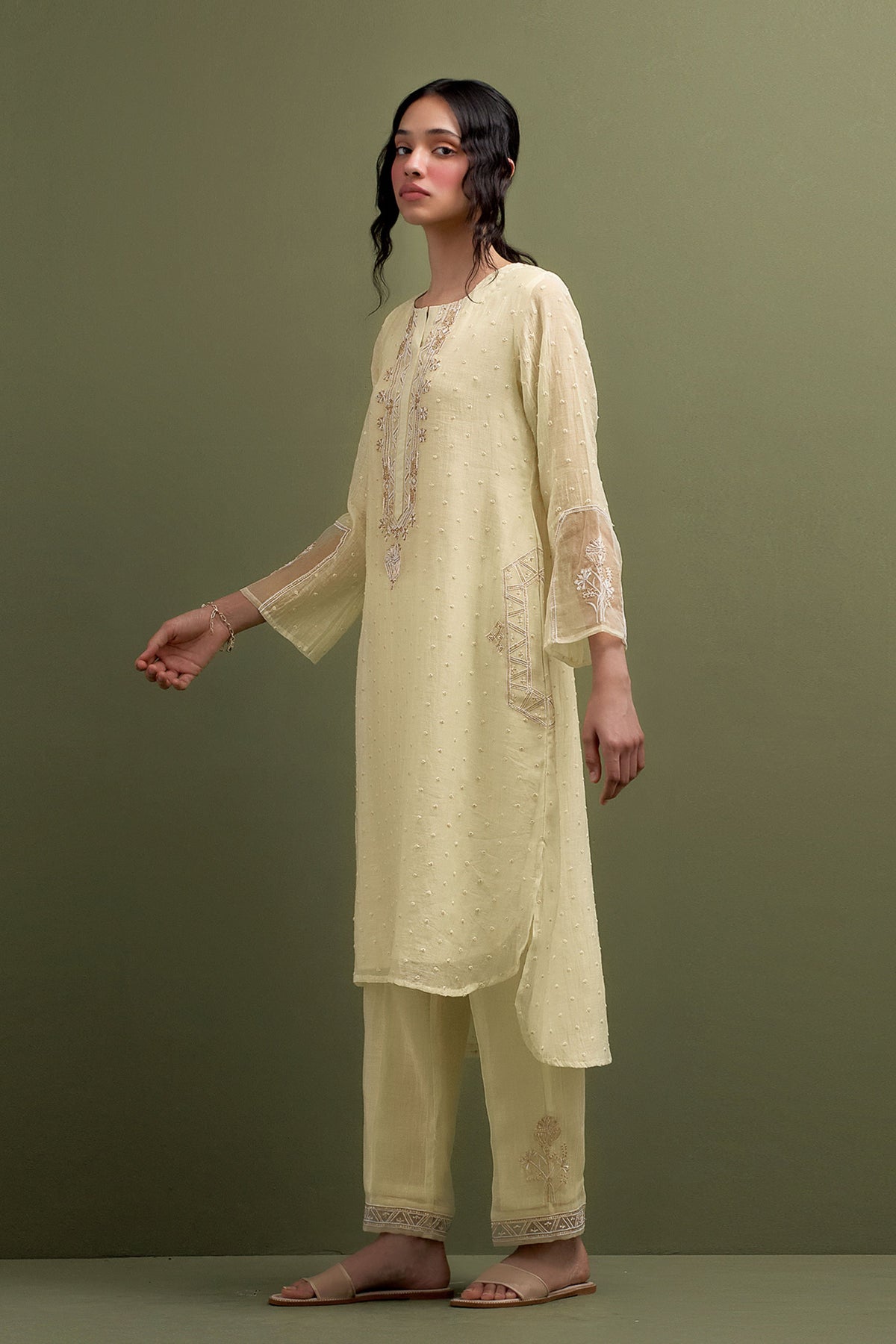 Yellow Embroidered High Low Kurta Set