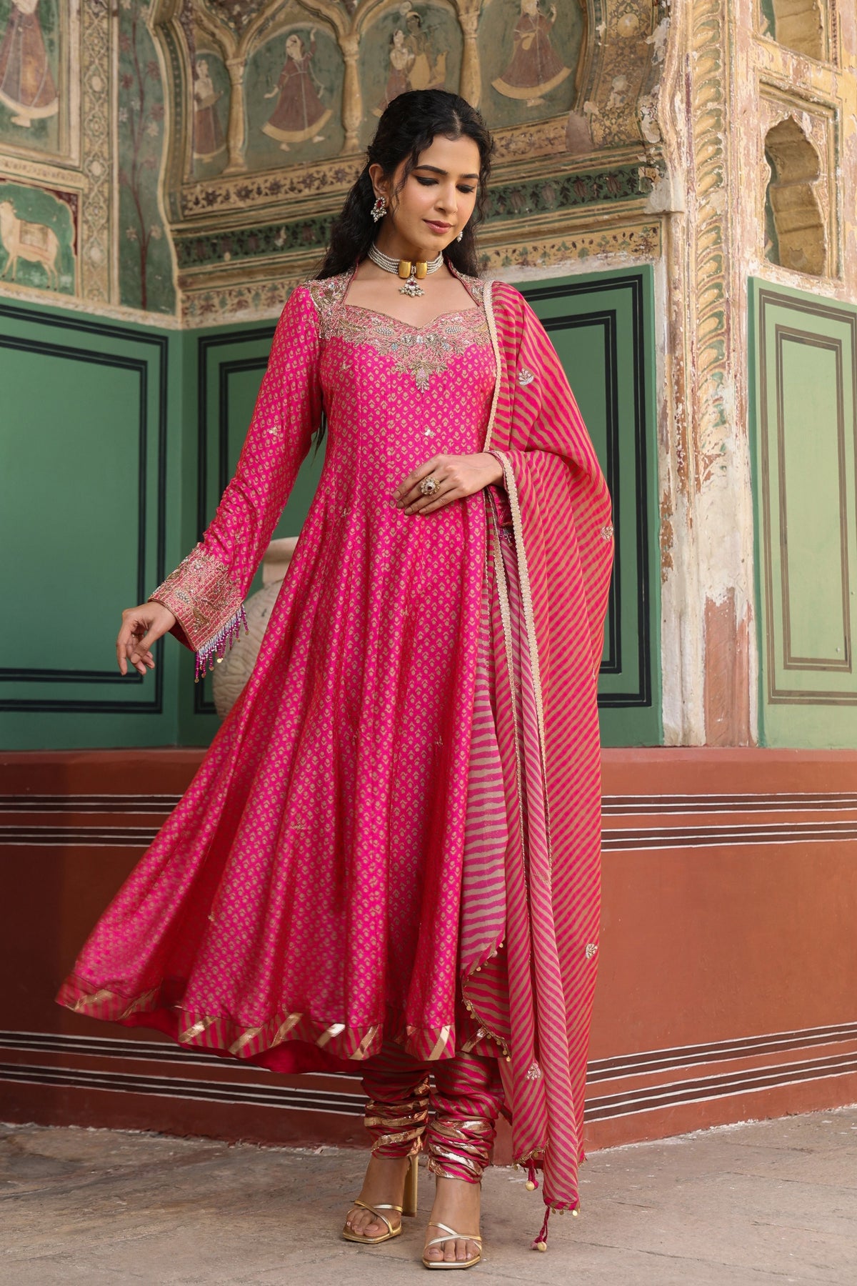 Riwayat Printed Pink Anarkali Set