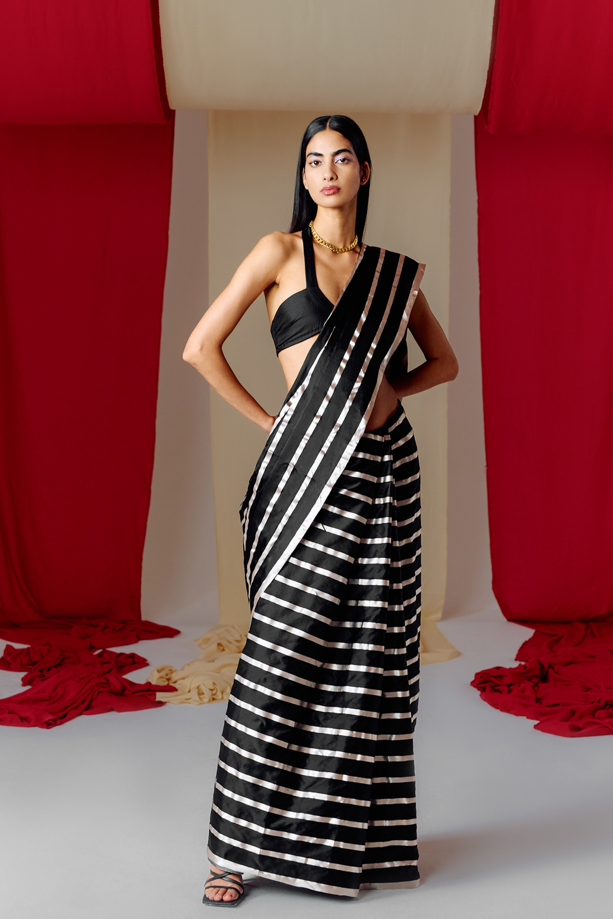 Handwoven Black Striped Silk Saree