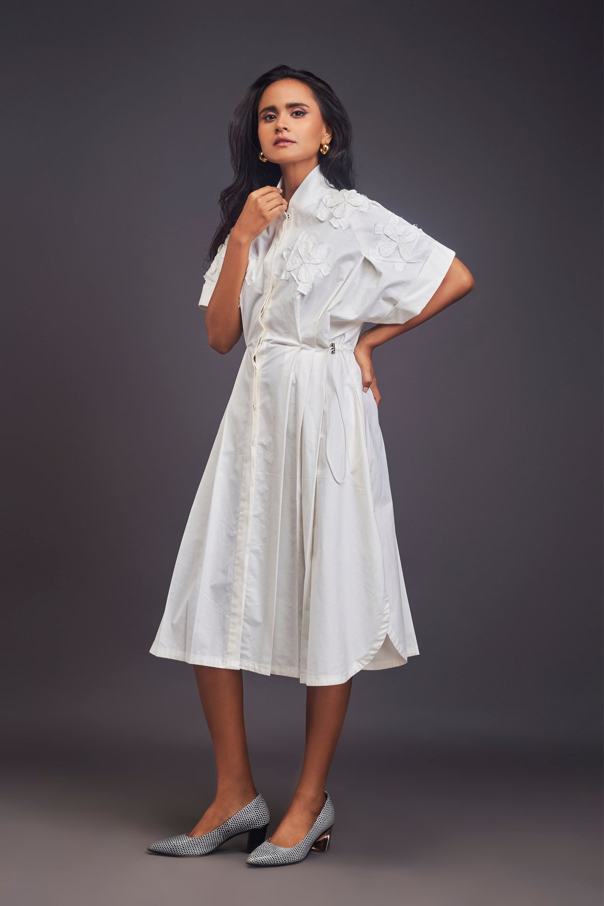 White Pleated Shirt Dress