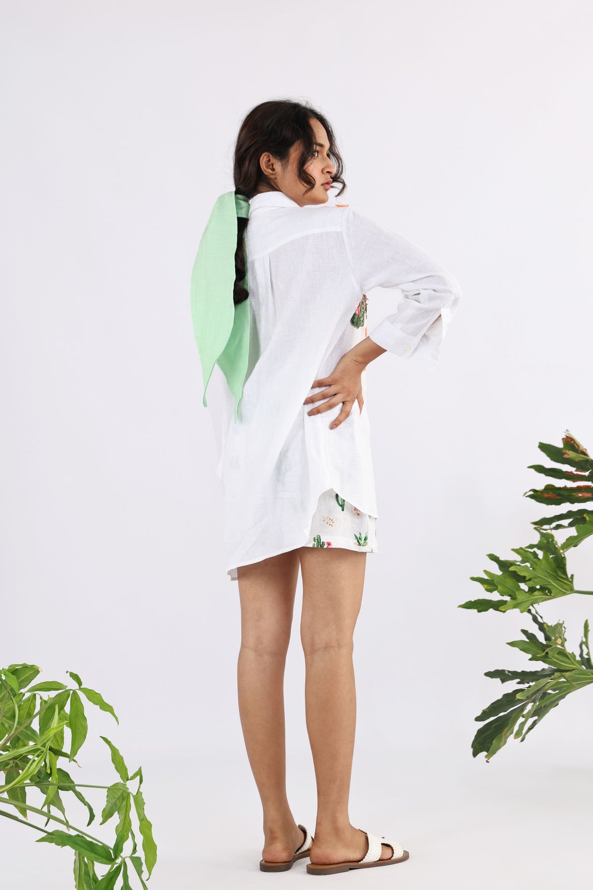 White &amp; Green Flora Embroidered Shirt