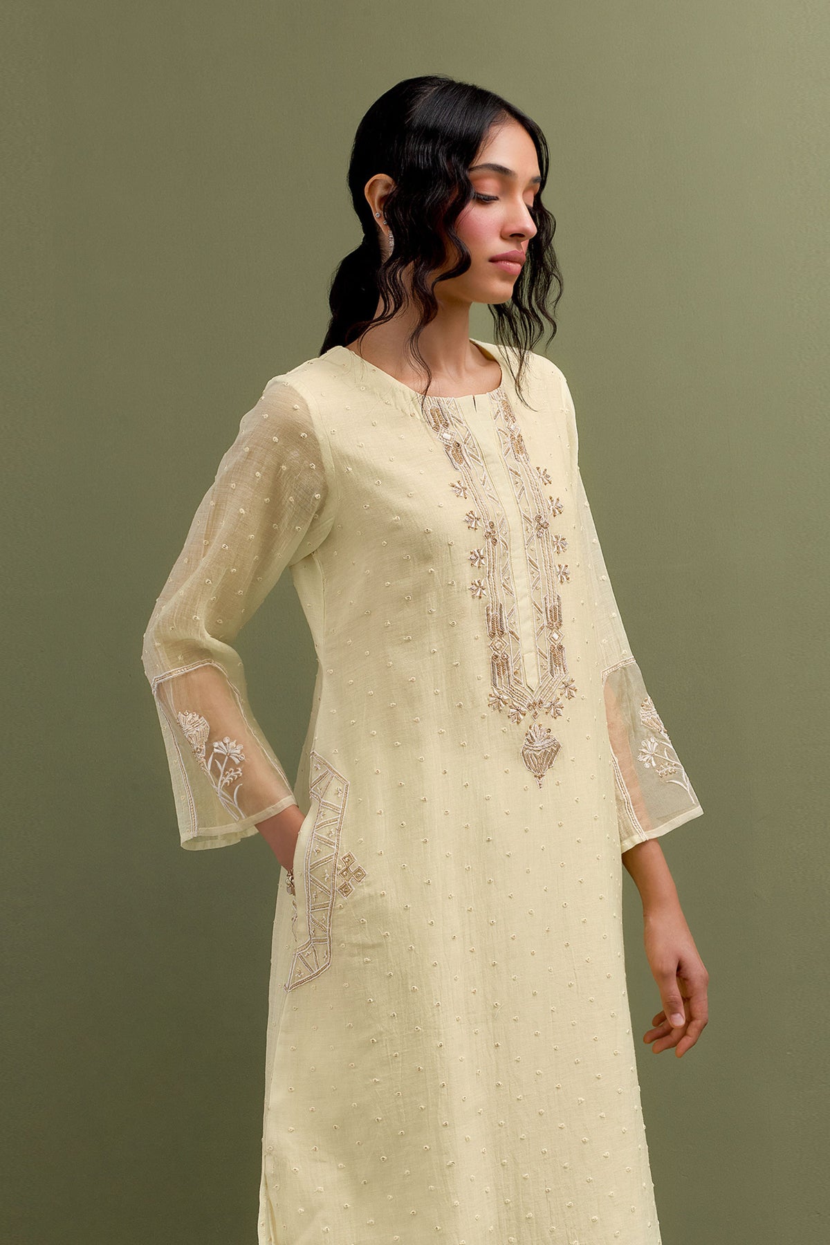 Yellow Embroidered High Low Kurta Set