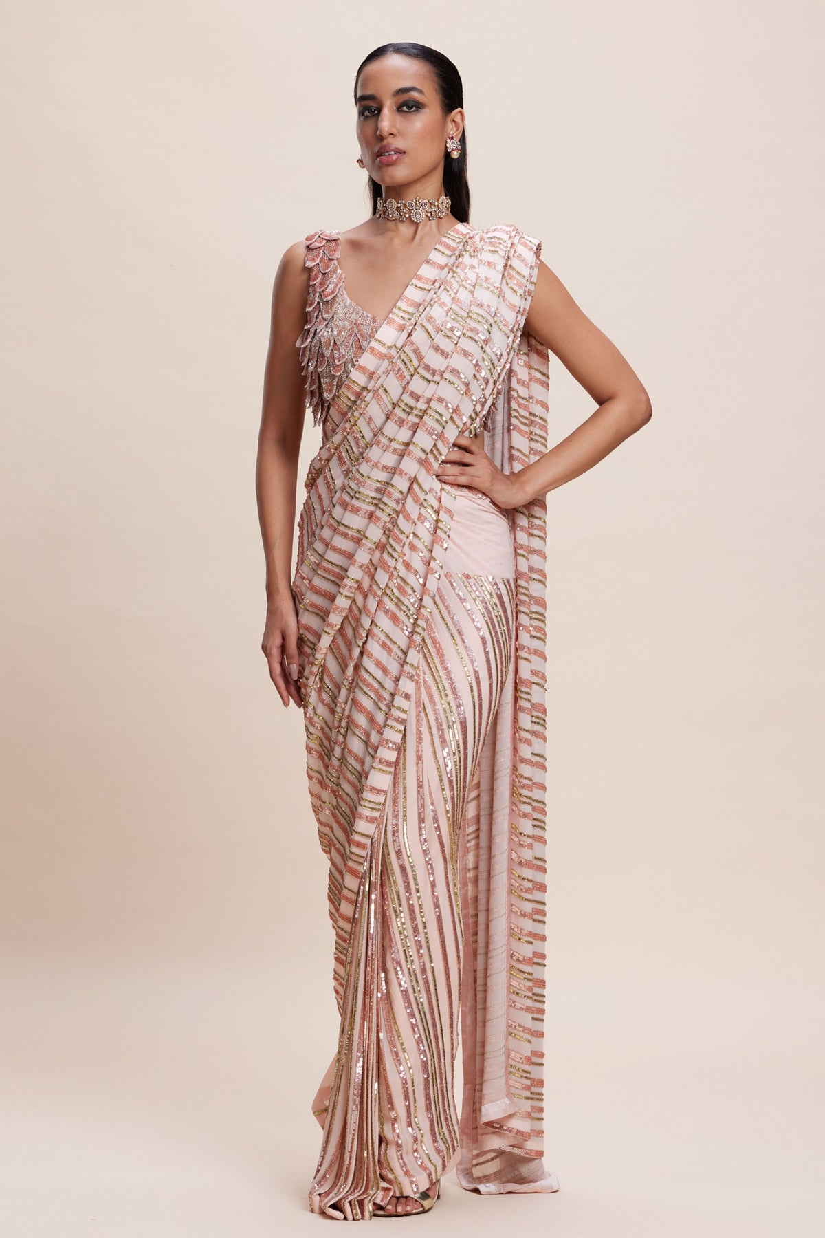 Peach Sequin Saree