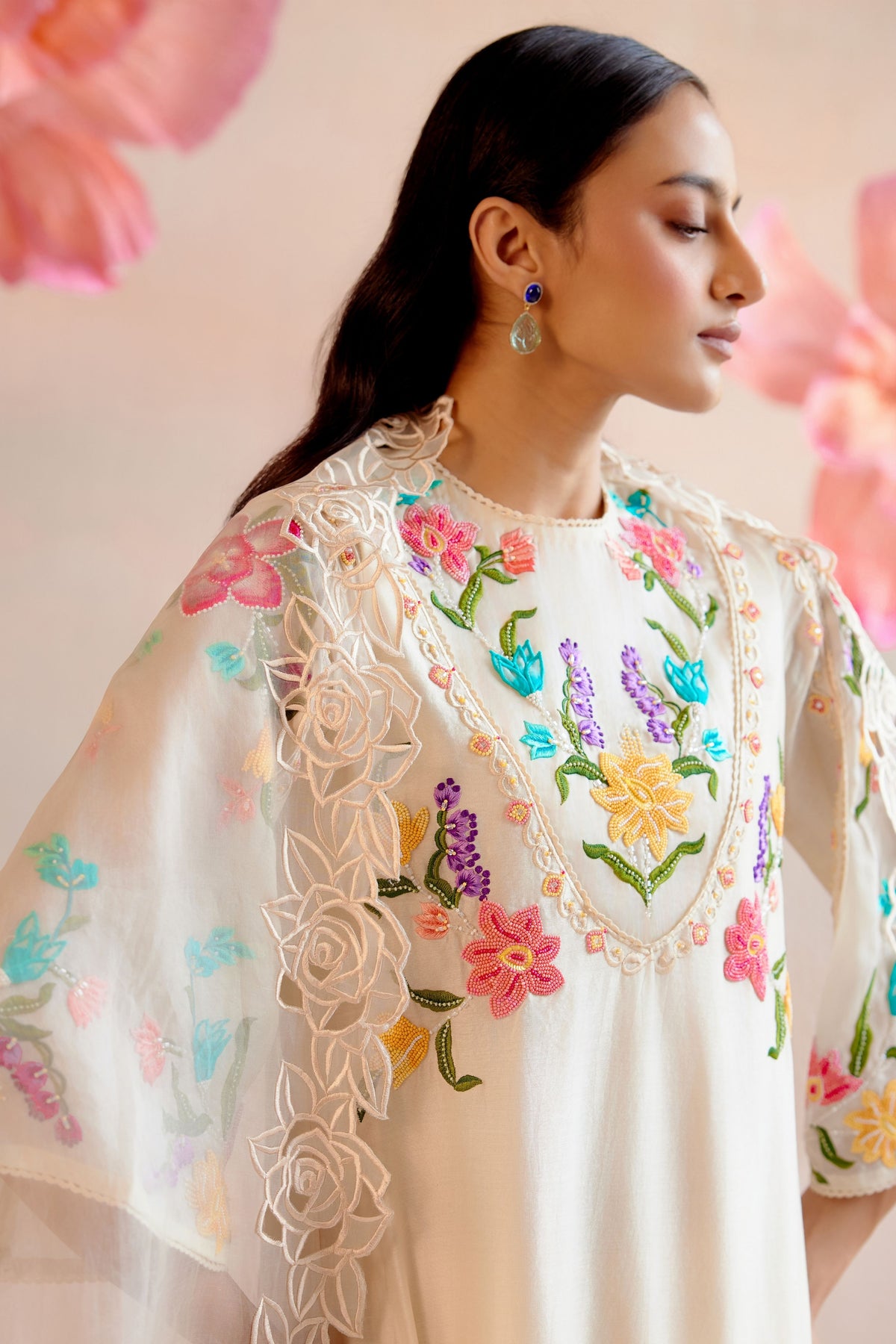 Ivory Floral Embroidered Yoke Detail Kurta Set