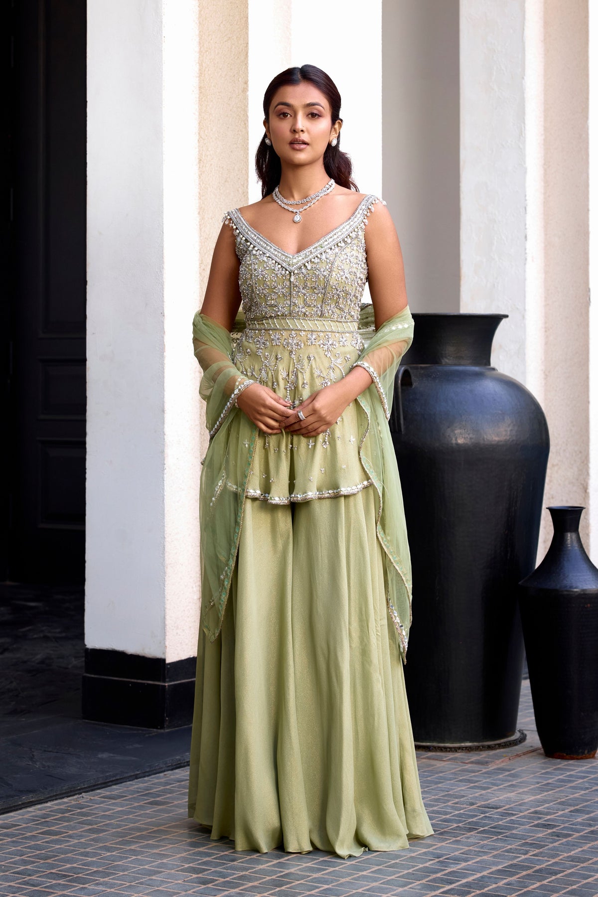 Sage Green Off Shoulder Sharara Set