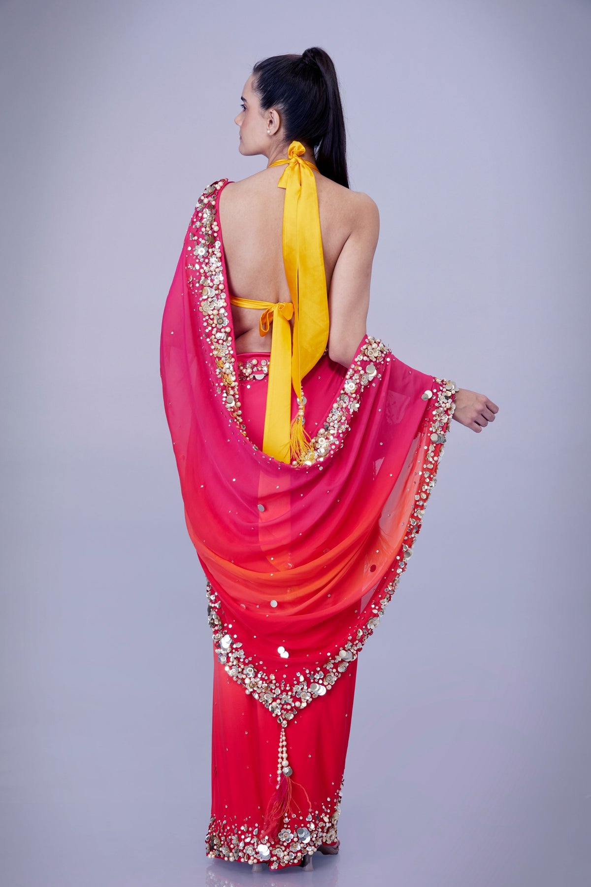 Pink Orange Saree With Petticoat