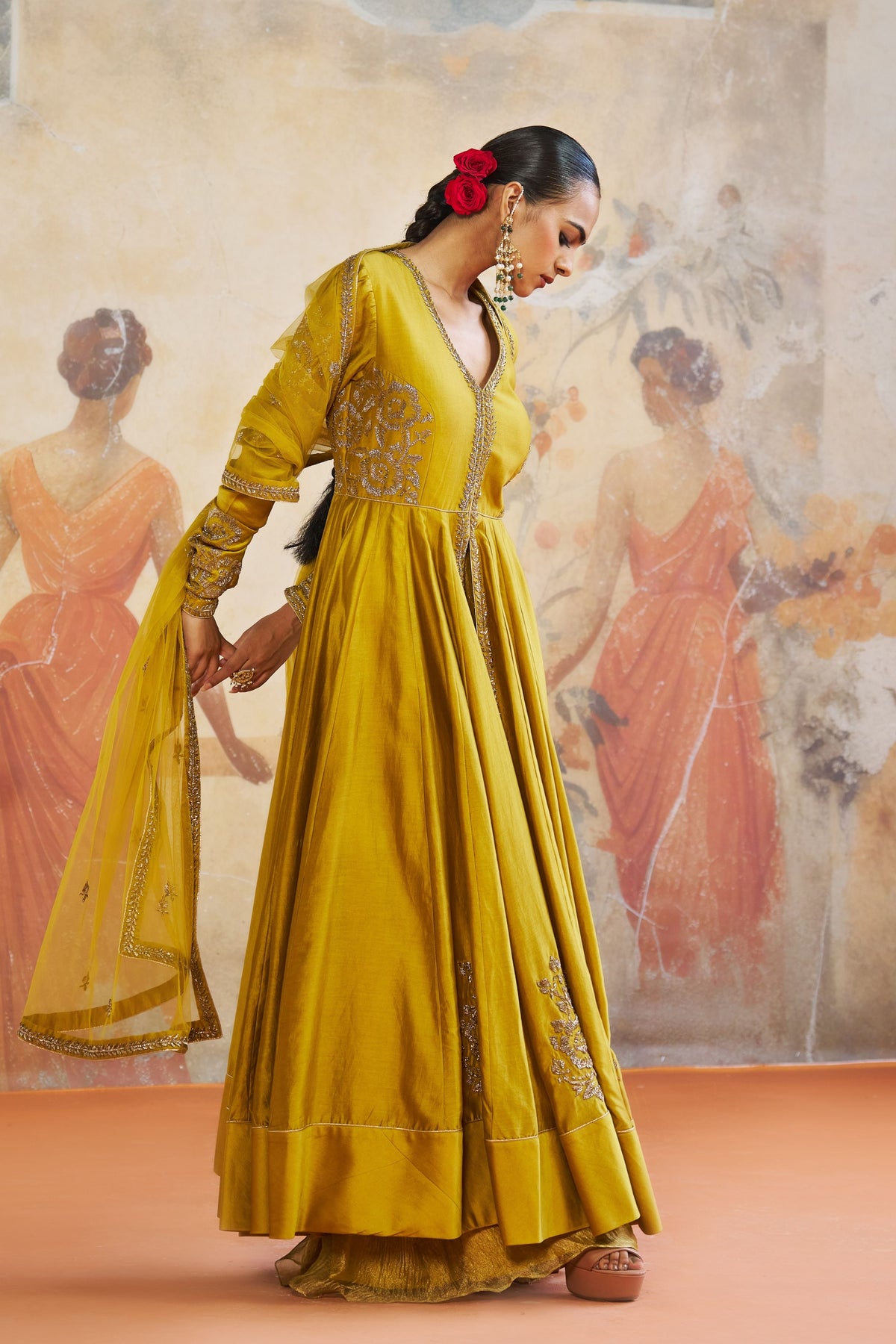 Olive Green Silk Anarkali Set