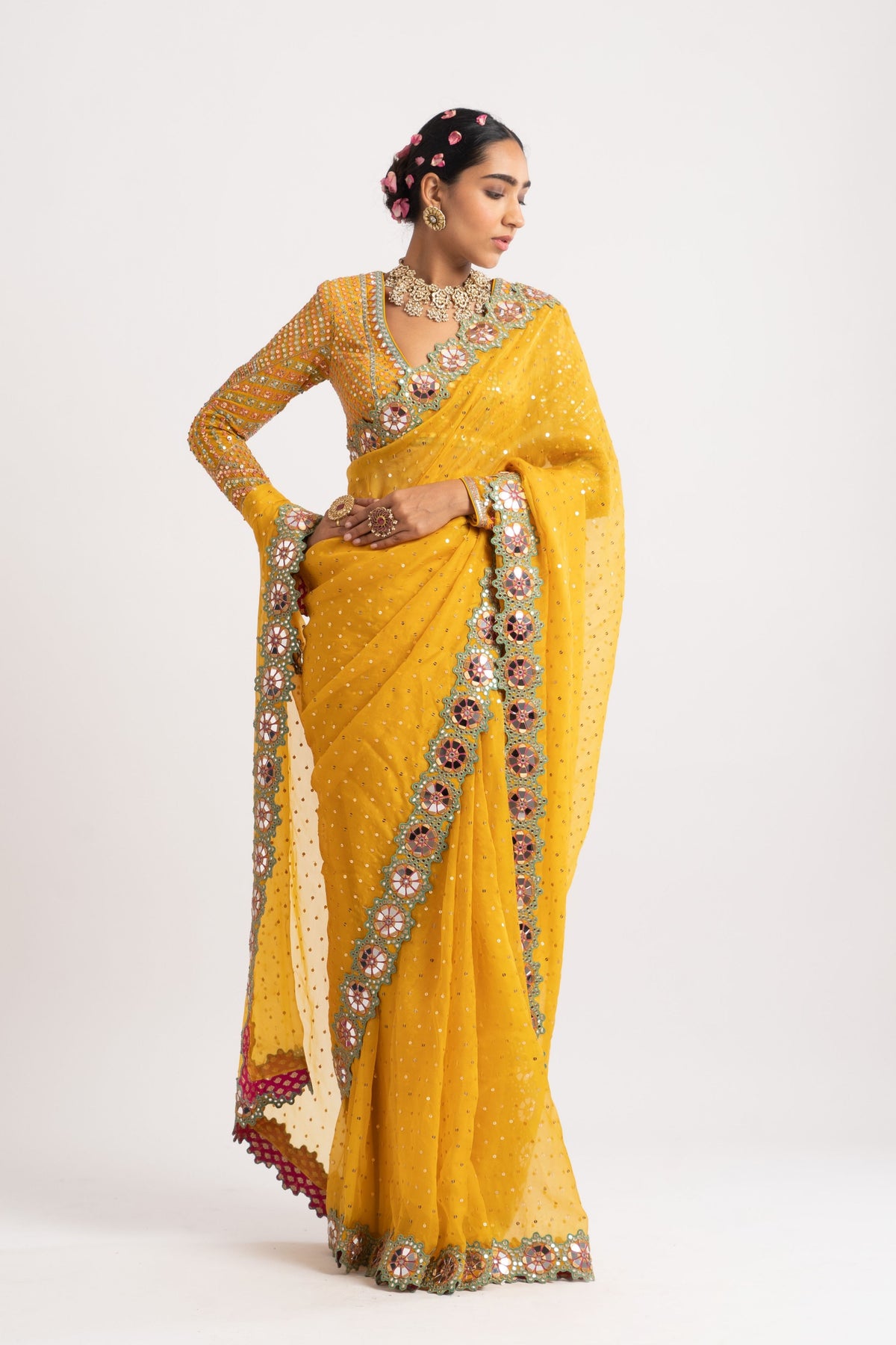 Yellow mirror border saree set