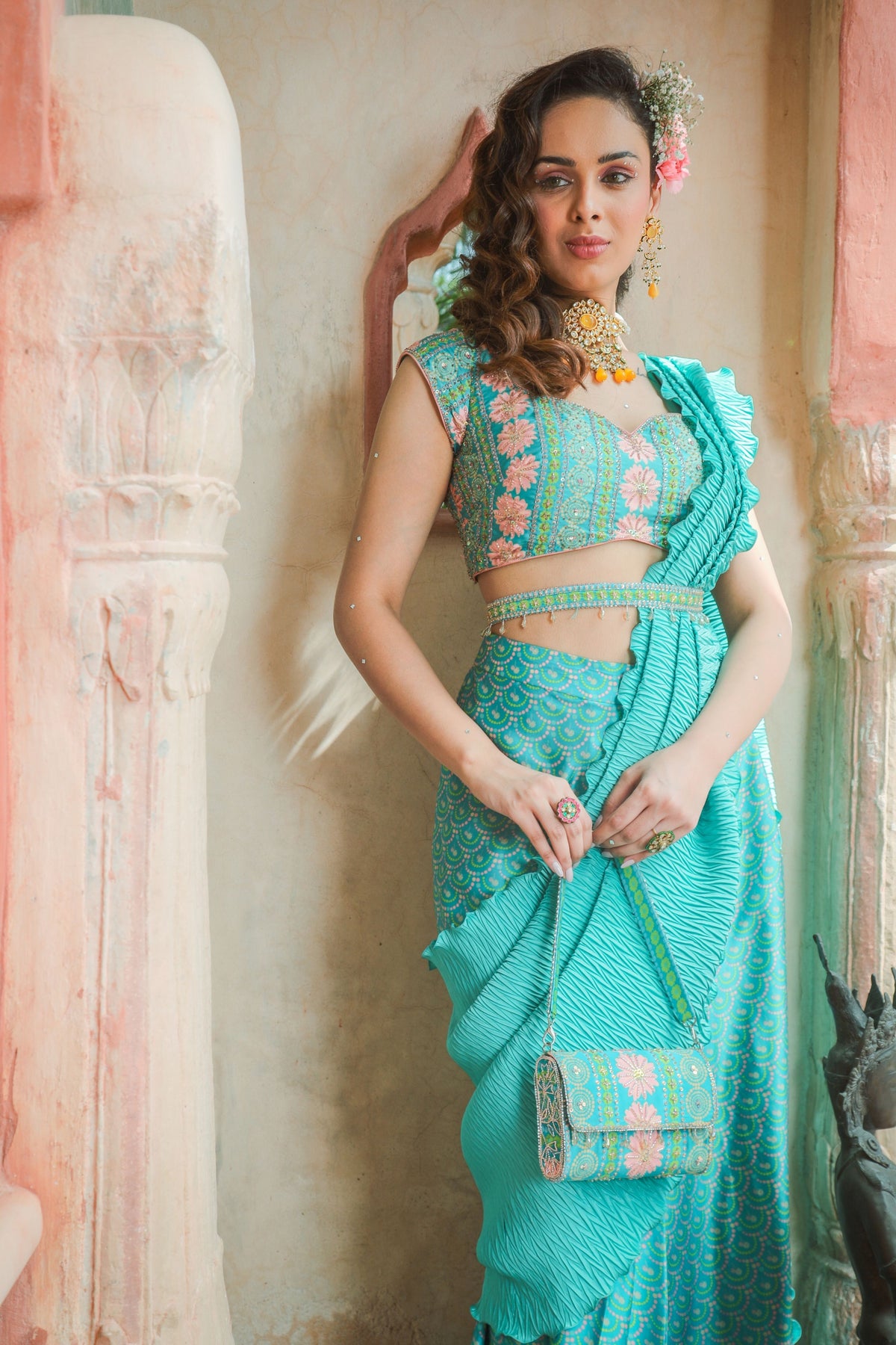 Aqua Embroidered Drape Saree Set