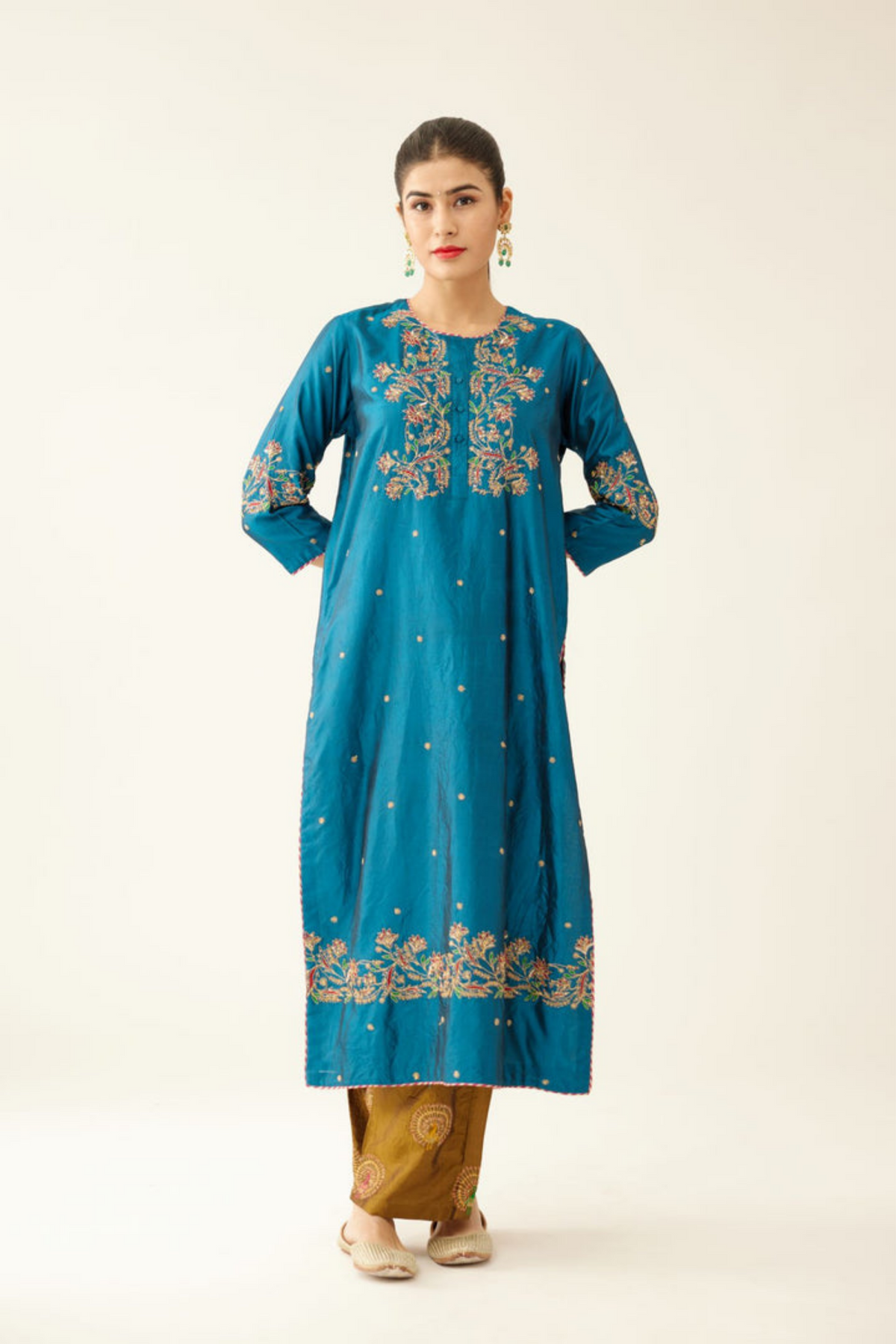 Dark Teal Straight Silk Kurta Set