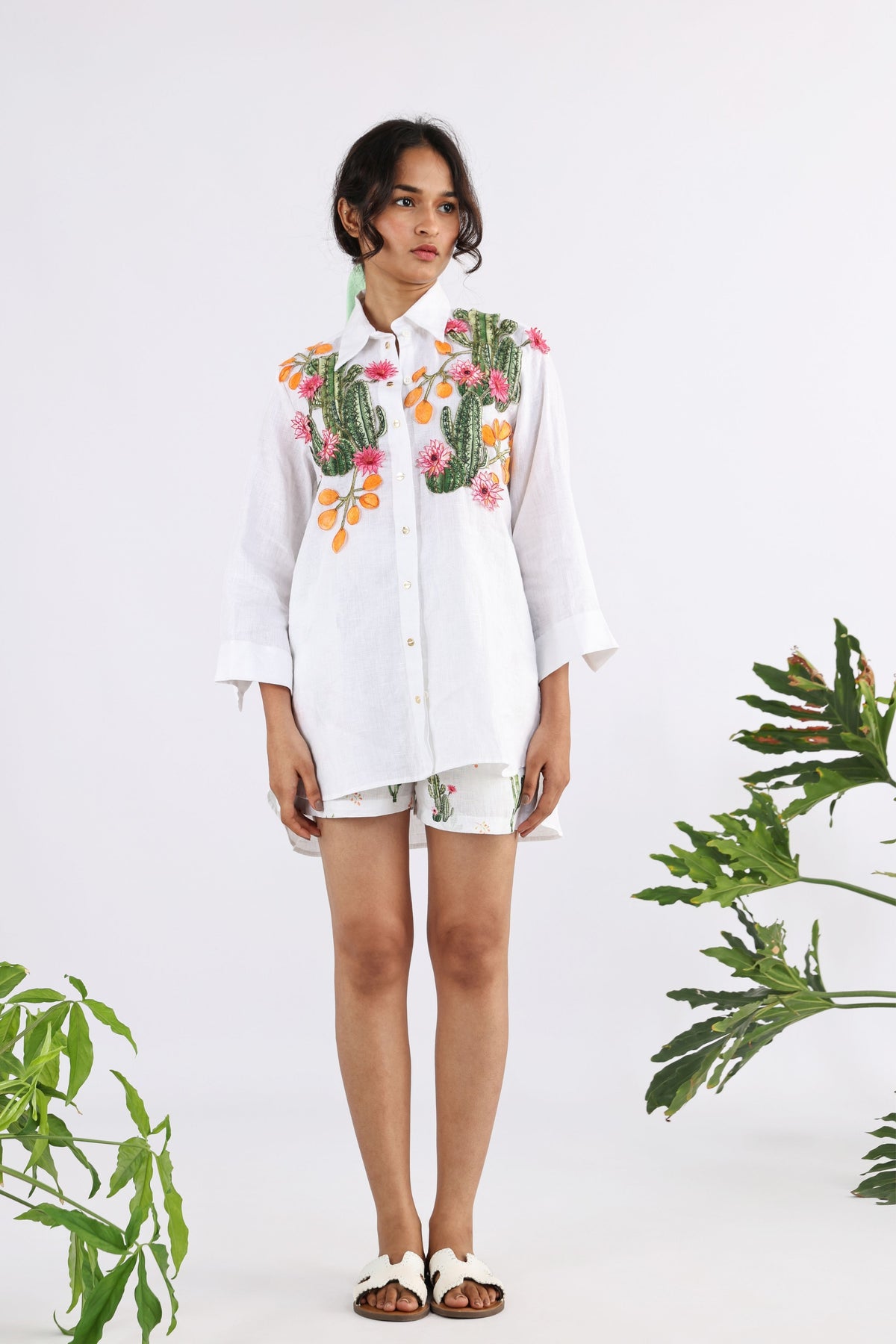 White &amp; Green Flora Embroidered Shirt