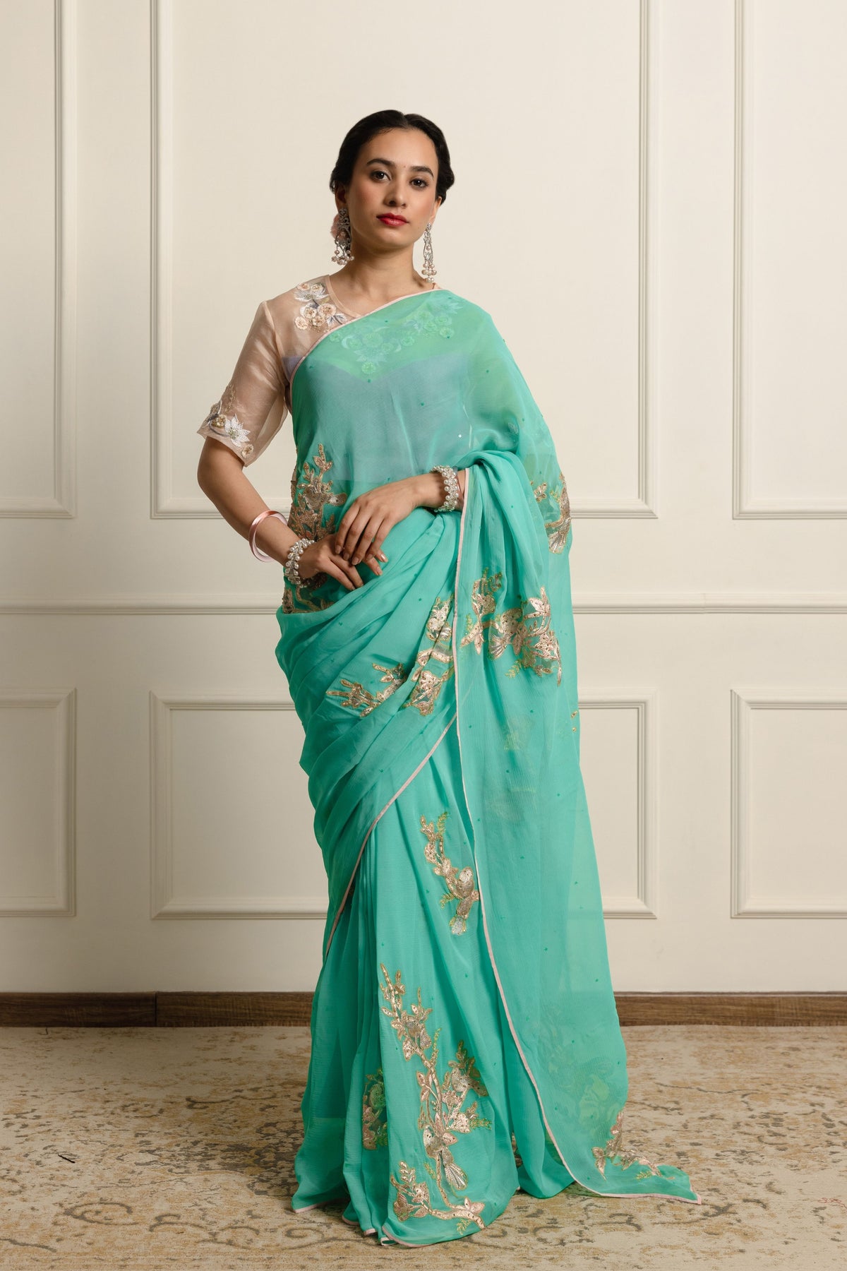 Azuria Teal Chiffon Saree