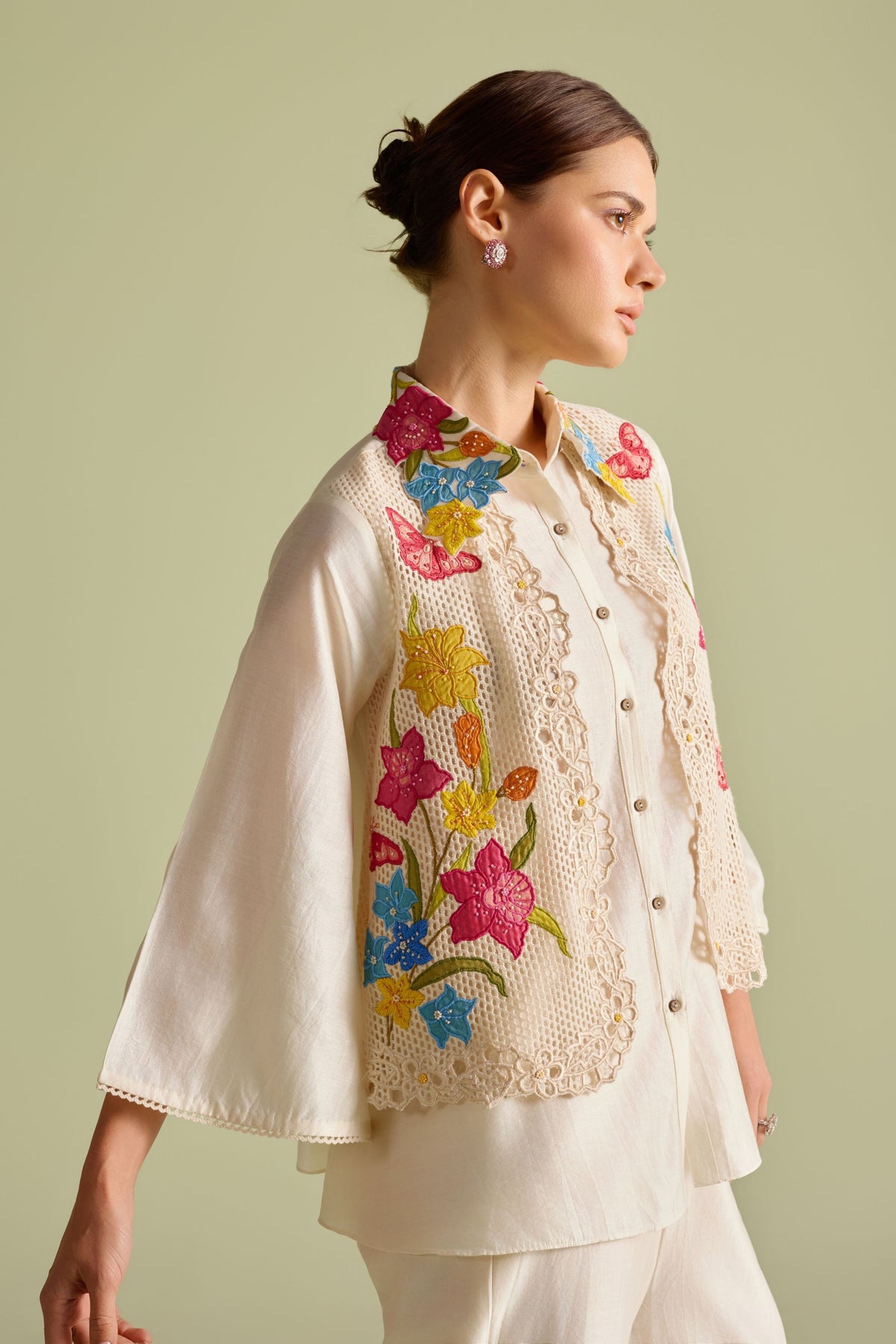 Ivory Floral Mesh Layered Shirt